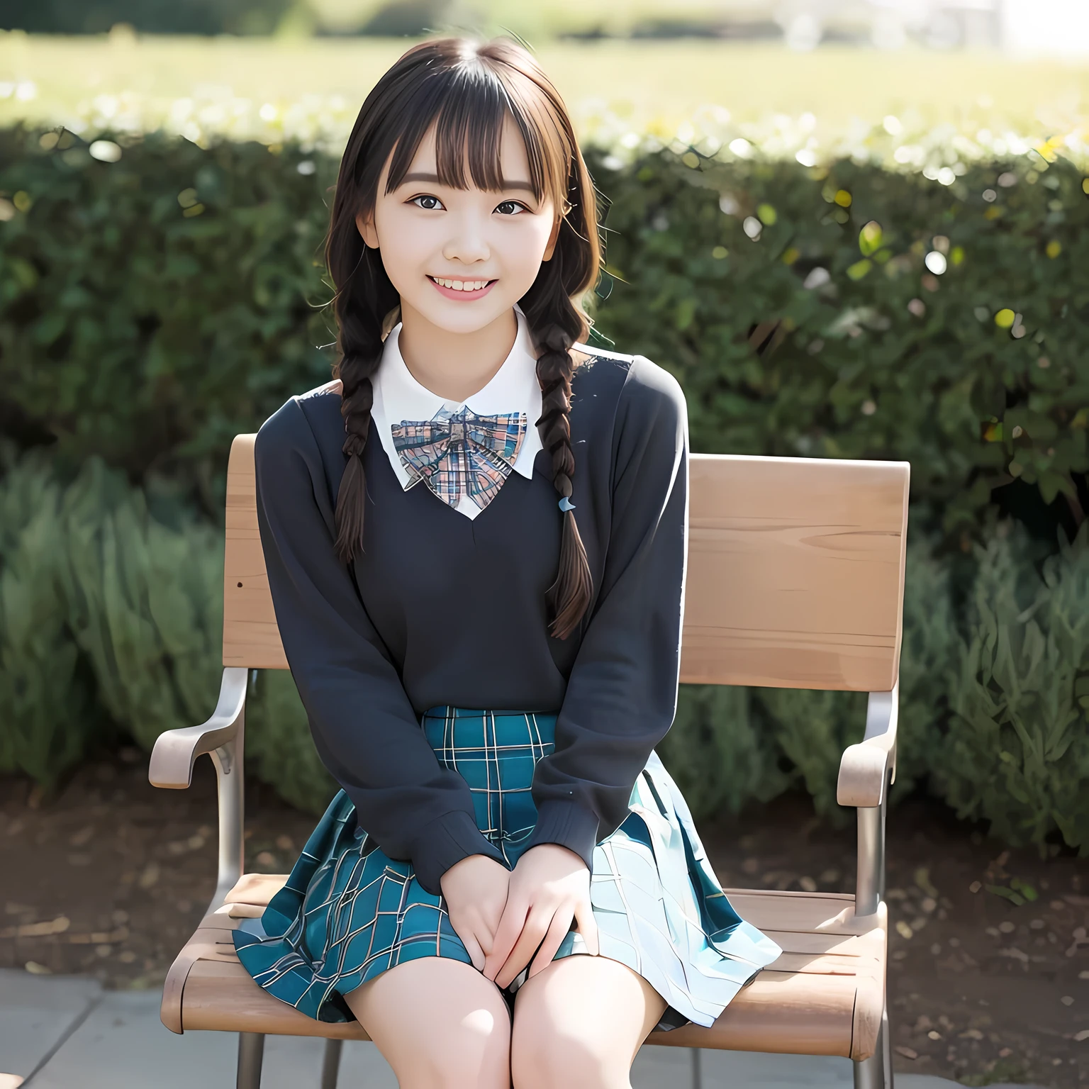 (highest quality、masterpiece:1.2)、highest quality、realistic、photograph、High resolution、1080p、8K、Pale, rough skin、The face is especially pale., physical rendering、Height: 148cm, one Japanese girl、A Japanese junior high school student sitting on a chair in a flower field、cute japanese girl, 14 years old, , (((big very detailed beautiful dark brown eyes))), ((blue girly large wine-red glossy polyester Japanese school ribbon bow tie)), ((((very beautiful long braids hair)))), ((((deep blue colored tartan checkered formal long pleated pleated skirt)))), ((Shiny beige blouse)), (((Looking at the viewers with loving eyes, smiling))), Very fun, Very happy, mouth is open, The big skirt is very cute, detailed fingers, modest chest, ((curled bangs)), so beautiful, long eyelashes, ((Very big and very very very cute eyes of a Japanese girl)), ((large pupils)), double eyelids, The entire skirt is photographed, Very cute face, thin eyebrows, ((drooping eyes)), ((long eyelashes)), maximum smile, The pure white light hits my face from the front, making my eyes sparkle., (((((Very pretty princess-like face))))), ((round face)), hands on chest, My forehead is wide