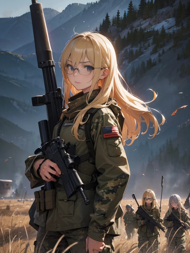 20 year old female、shiny hair quality、Beautiful Blonde Hair、straight hair、long hair、Glasses、Glasses美人、military、battlefieldを駆け抜ける、Sniper holding a rifle、Forefront、battlefield、Camouflage、fierce battle、war、painful face、sweaty、perfect skeleton