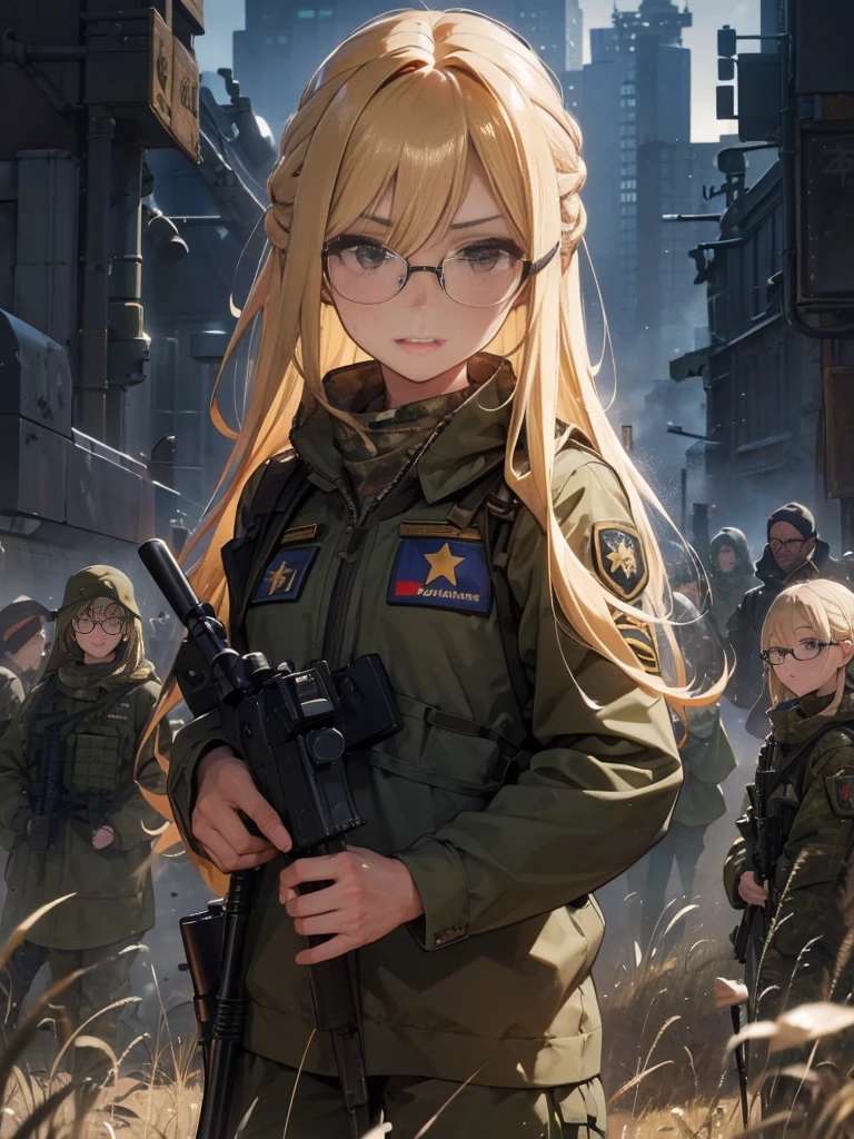 20 year old female、shiny hair quality、Beautiful Blonde Hair、straight hair、long hair、Glasses、Glasses美人、military、battlefieldを駆け抜ける、Sniper holding a rifle、Forefront、battlefield、Camouflage、fierce battle、war、painful face、sweaty、perfect skeleton
