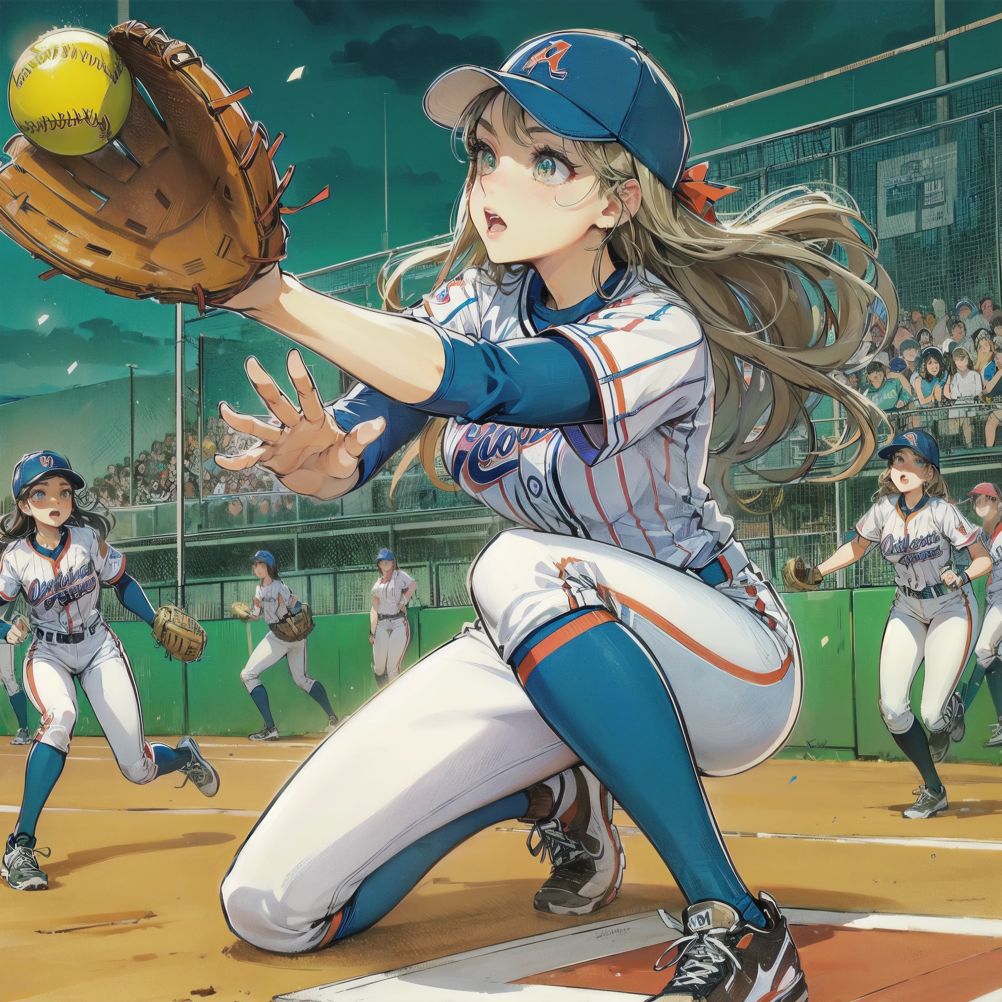 high quality,HD,16k,sharp lines,1 girl,Female softball athlete ,cute face, large breasts, nice legs,At the softball venue,focus girl,detailed beautiful face,detailed clothes,beautiful eyes,cool,dynamic angle