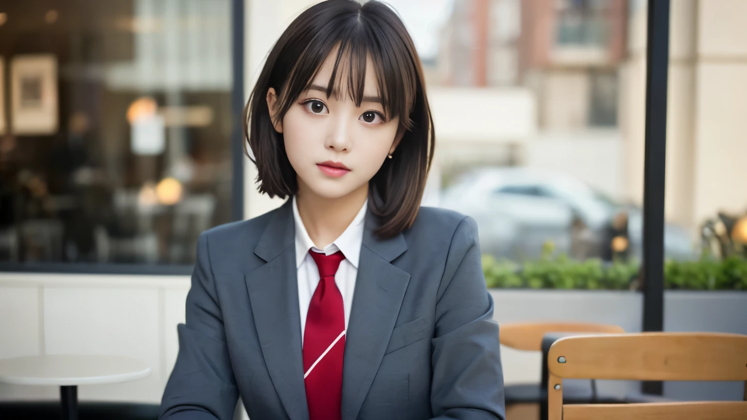 8K, highest quality, real image, intricate details, Super detailed, ultra high resolution, depth field,(realistic,realistic:1.2),table top , front shot , Photographed at a stylish cafe , girl, とても美しい17歳のgirl, innocent big eyes,、highly detailed eyes:1.2)、bangedium short hair, perfect skin, Fair skin, tight waist, light blush, look at the viewer,((School_uniform),(blazer), (white shirt、wear a tie), (gray pleated skirt), (sculpture installation :1.1), urban cafe space, Customers enjoying cafe around