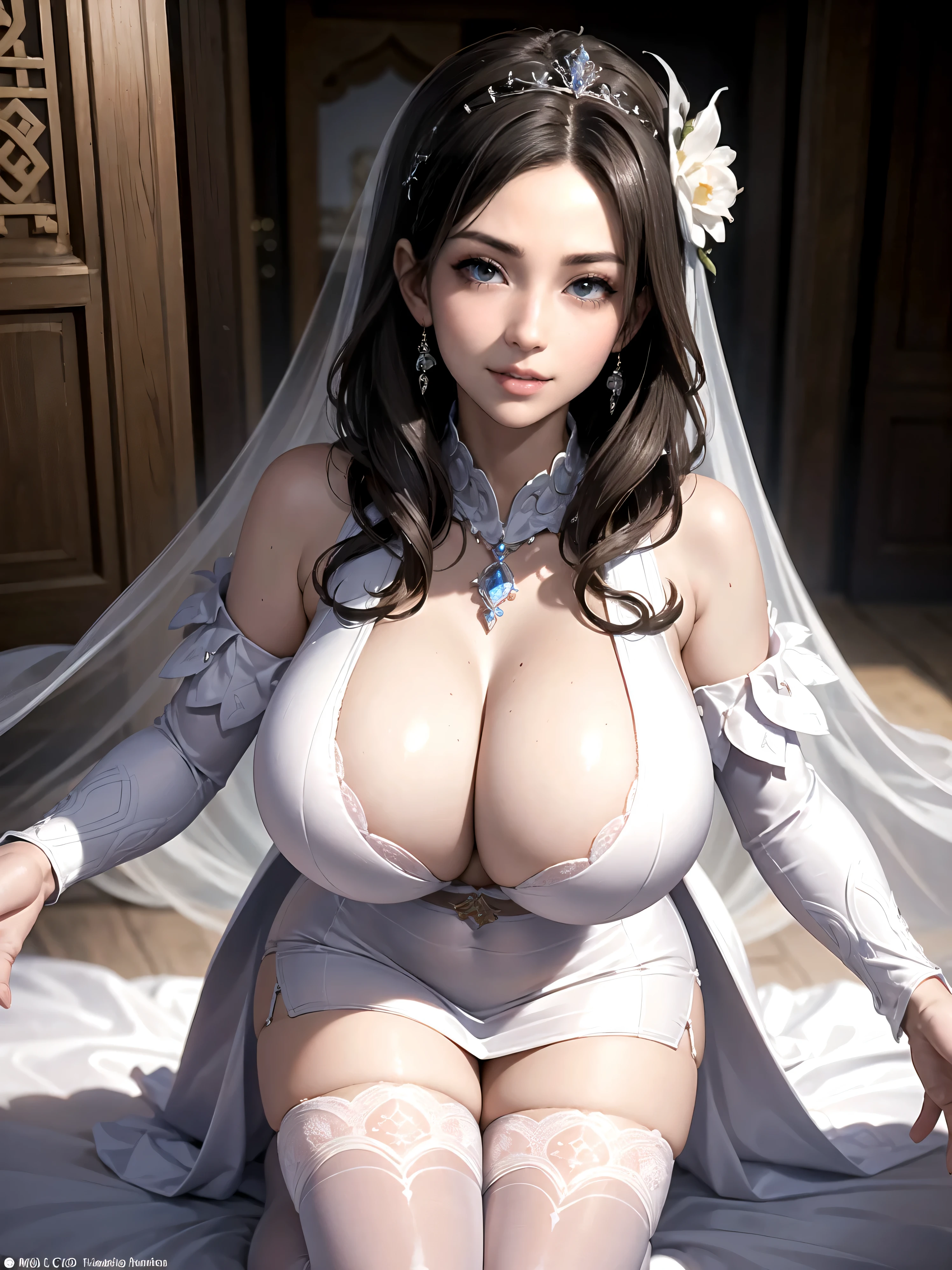 (masterpiece:1.1), (ultra high resolution), (extremely intricine), (exquisitely detailed), 1 girl, (beautiful and gorgeous arabic woman), (f1.4, 1/800s, ISO100, realistic), looking for_in_from the chest and above, bad queen, home wrecker, beautiful hair, crossed_foot, (huge breasts:1.2), Laughter 512, pink eyeshadow makeup, pink lips, white wedding dress, thigh high stockings,(Excited_face:1.3)
