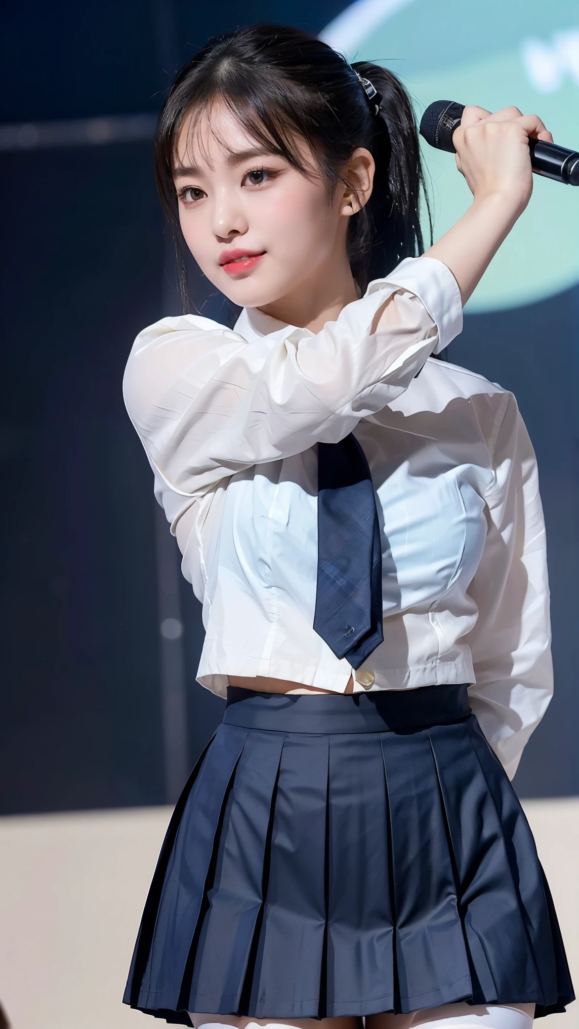 (8K), (highest quality: 1.2), (realistic), (realistic: 1.47), ultra high resolution, 1 girl, cute, smile, closed mouth, (thick lips:1.2),red lip,(Purse your mouth),beautiful details, beautiful nose,(Straight shiny black hair),(With a black ribbon on her head),(ponytail hair),Standing on the concert stage,hold the microphone in your right hand,Bend your elbows and raise your hands,(University Student Uniform,A simple navy blue blazer,white satin shirt,tie,Tartan check pleated skirt,opaque tights:1.2),(Close up on wet thighs:1.2),(knees),(super low angle:1.2),(medium shot),