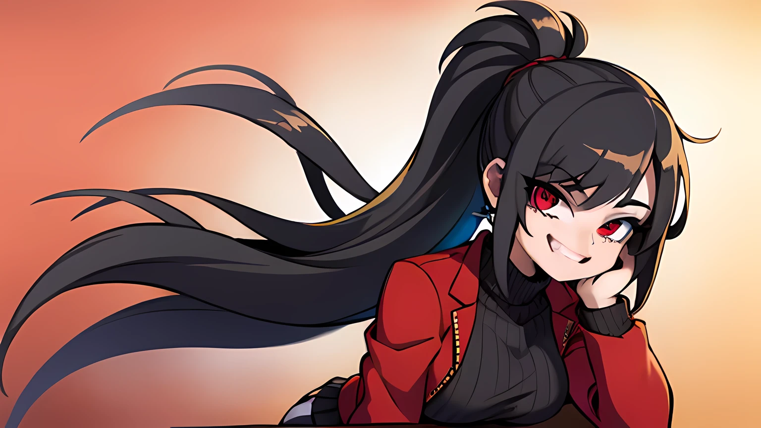 1girl,solo,upper body,looking at viewer,facing viewer,ponytail,black hair,red eyes,twin parted bangs,hair pulled back,solid outline,black thighhighs,red plaid skirt,white sweater,grinning evily