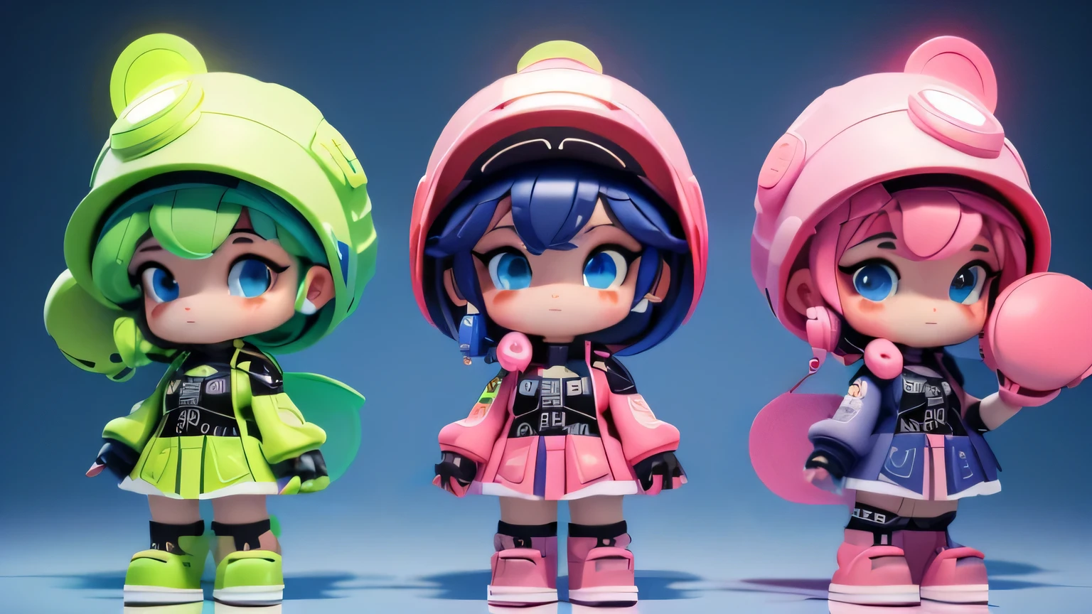 Based on modern artificial intelligence，Three separate pieces of the same clothing，Three View，Cool hat，Technologically sensible dress-up，solid color background，stand，Three View，complete hand，perfect face，masterpiece，more details，C4D style