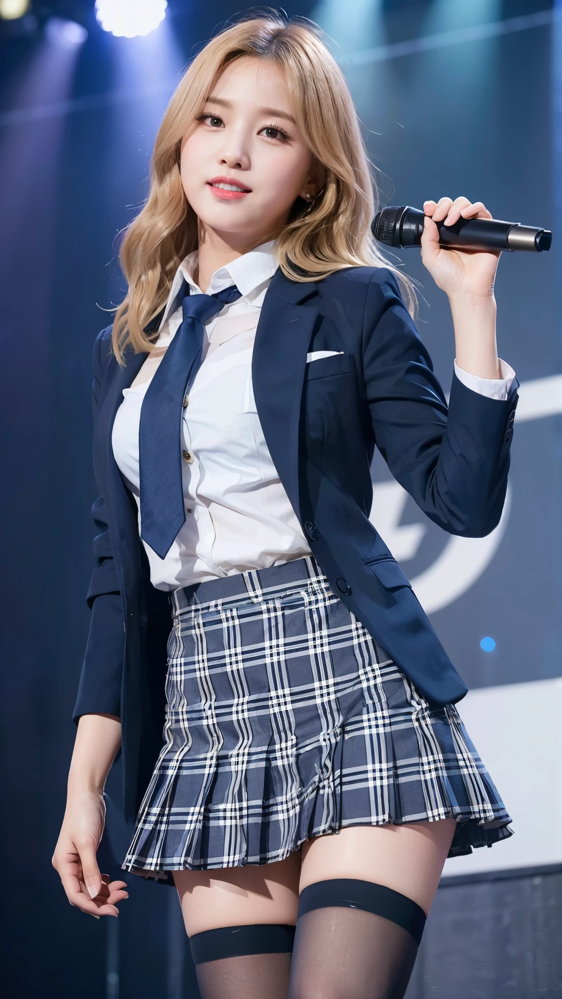 (8K), (highest quality: 1.2), (realistic), (realistic: 1.47), ultra high resolution, 1 girl, cute, smile, closed mouth, (thick lips:1.2),red lip,(Purse your mouth),beautiful details, beautiful nose,(Straight shiny white blonde hair),Standing on the concert stage,hold the microphone in your right hand,Bend your elbows and raise your hands,(University Student Uniform,A simple navy blue blazer,white satin shirt,tie,Tartan check pleated skirt,opaque tights:1.2),(Close up on wet thighs:1.2),(knees),(super low angle:1.2),(medium shot),