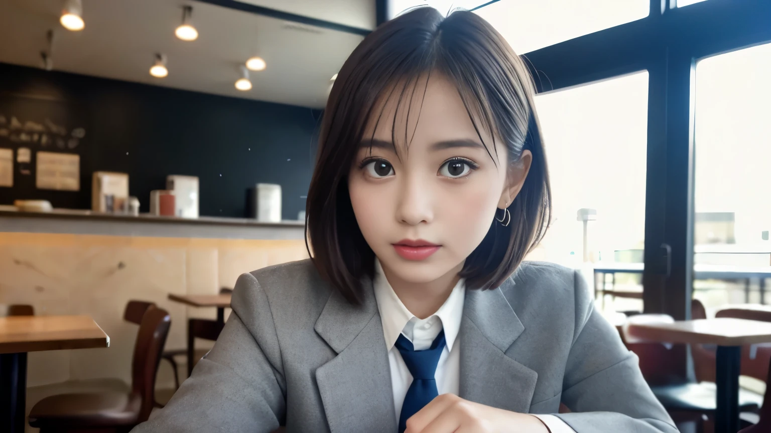 8K, highest quality, real image, intricate details, Super detailed, ultra high resolution, depth field,(realistic,realistic:1.2),table top , front shot , Photographed at a stylish cafe , girl, とても美しい17歳のgirl, innocent big eyes,、highly detailed eyes:1.2)、bangedium short hair, perfect skin, Fair skin, tight waist, light blush, look at the viewer,((School_uniform),(blazer), (white shirt、wear a tie), (gray pleated skirt), (sculpture installation :1.1), urban cafe space, Customers enjoying cafe around