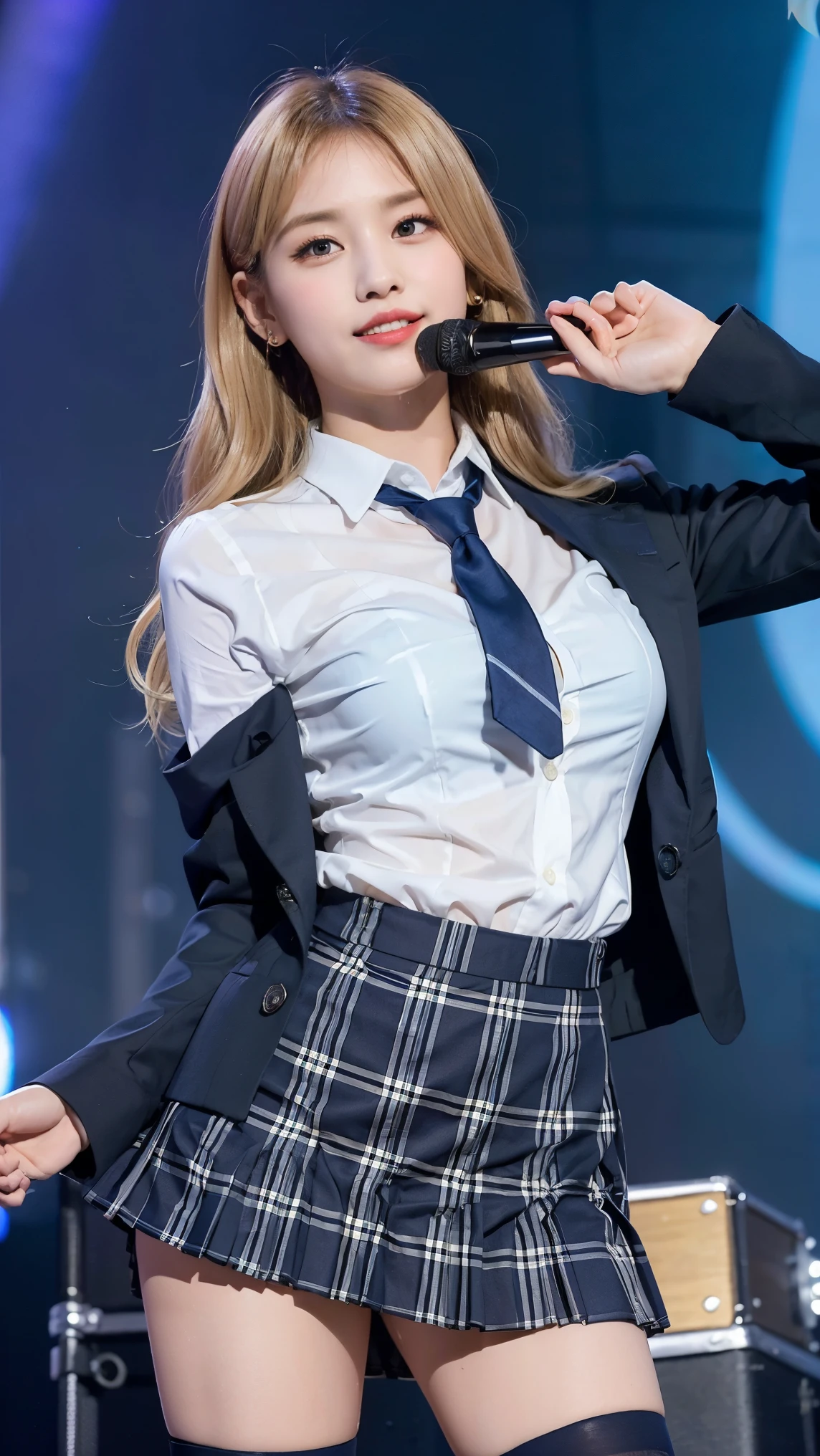 (8K), (highest quality: 1.2), (realistic), (realistic: 1.47), ultra high resolution, 1 girl, cute, smile, closed mouth, (thick lips:1.2),red lip,(Purse your mouth),beautiful details, beautiful nose,(Straight shiny white blonde hair),Standing on the concert stage,hold the microphone in your right hand,Bend your elbows and raise your hands,(University Student Uniform,A simple navy blue blazer,white satin shirt,tie,Tartan check pleated skirt,opaque tights:1.2),(Close up on wet thighs:1.2),(knees),(super low angle:1.2),(medium shot),