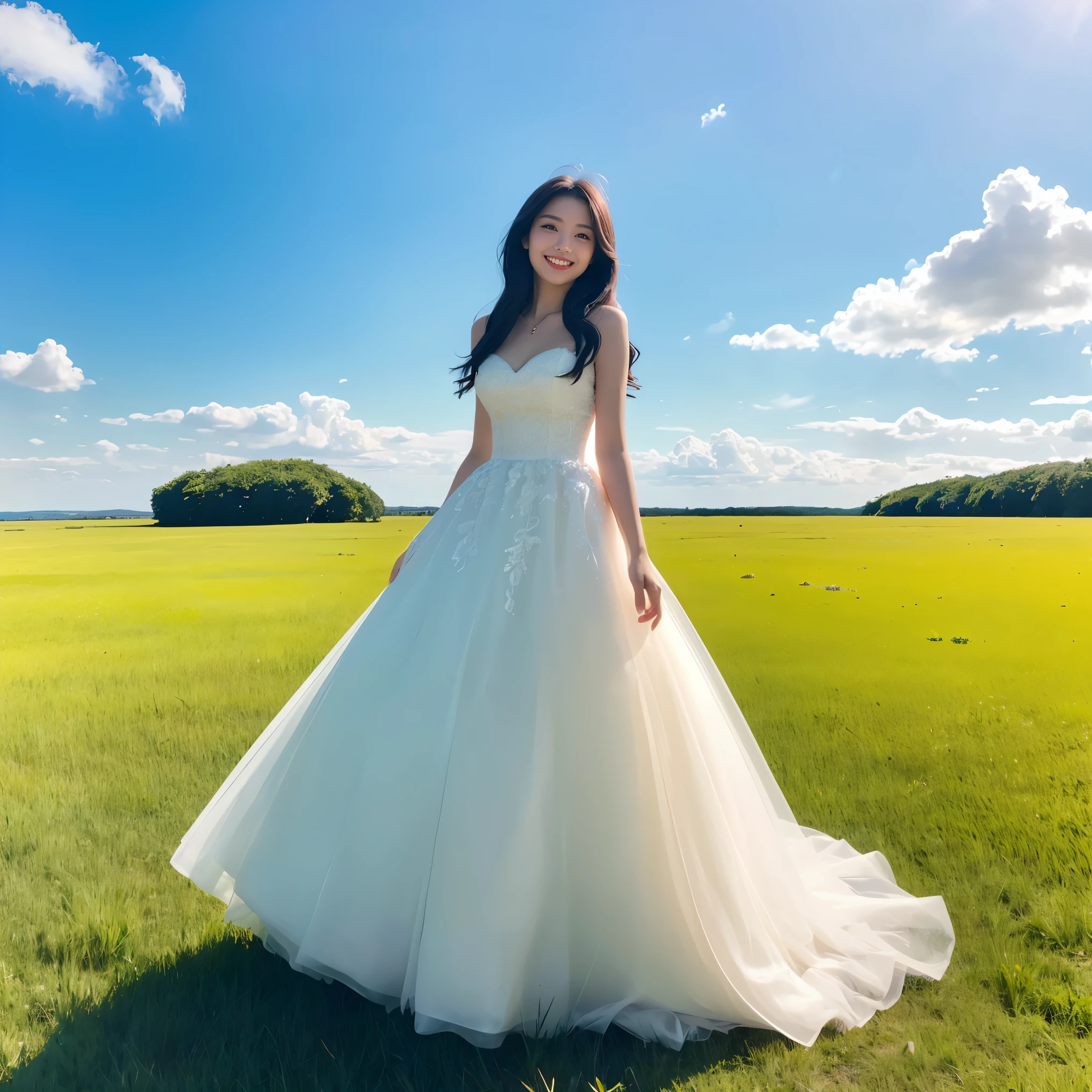 (highest quality、masterpiece、8K、Highest image quality、hyper realism、Award-winning work)、1 woman、(solo:1.1)、(1 photo:1.1)、(big sky:1.2)、(A bright sky:1.1)、(vast grassland:1.1)、(Endless grassland as far as the eye can see:1.1)、(Clear, beautiful sky:1.1)、(広大なbig sky:1.1)、(beautiful clouds:1.1)、(Depicting the sky and grassland in sharp focus:1.1)、(vast sky:1.1)、(ダイナミックな焦点のvast grassland:1.1)、(horizon:1.1)、(the biggest smile when you look at me:1.1)、(full body photo:1.1)、The perfect girly white dress、Elegant and cute dress、accurate anatomy、natural makeup、(standing elegantly:1.1)、Super high-definition glossy skin、(very bright:1.1)、(Super high-definition glowing beautiful skin:1.1)、Ultra high definition glossy lips、Super high definition beautiful teeth