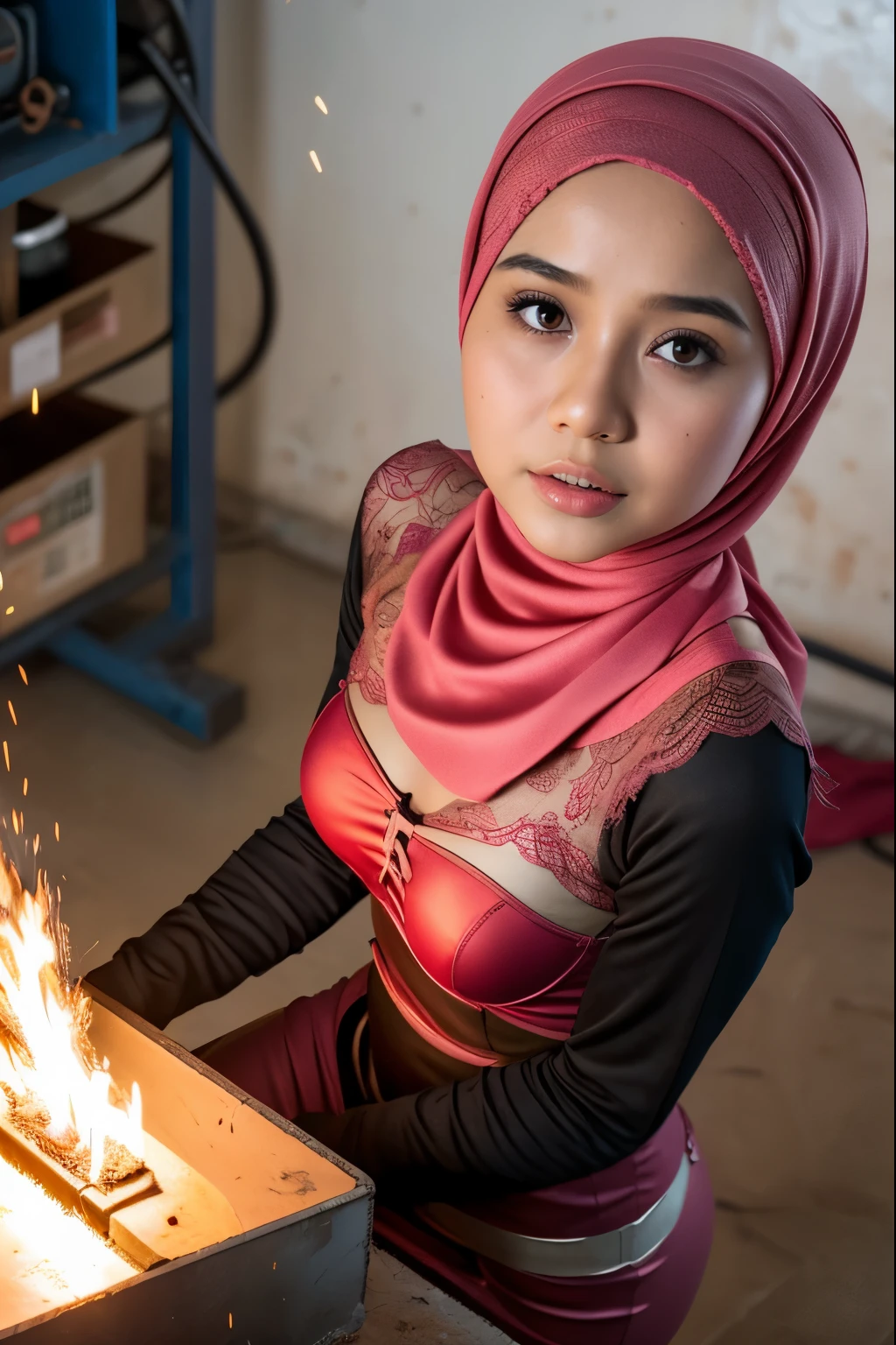 Tiny (Wearing Lingerie Suspender), (((HIJAB MALAY GIRL))), masutepiece, High quality, UHD 32K, Realistic face, Realistic skin feeling , A Malay Lady, 8 , , Very cute and baby-like face, (((FLAT CHEST))), (MATRIX WORLD), ((look In front at the camera and SADNESS)), ((())), (((CUTE GIRL))), ((Pink Red)), ((CHUBBY)), (undress), (Red), work in an iron and gas welding workshop