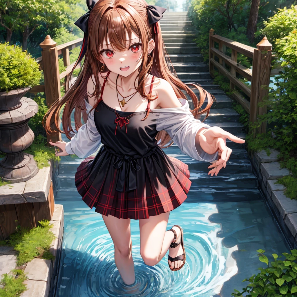 reddish-brown golden hair、red eyes、one good looking girl、solo、anime、plaid mini skirt、black camisole、black t-shirt、hoodie、wearing a ribbon、ribbon at waist、crystal earrings、Gemstone Necklace、Light and shadow、Tilting face、teeth are visible、pillar、evil looking face、Kuroko、Diamond dust、grassland、Water running down the stairs、overflowing、Ants are walking