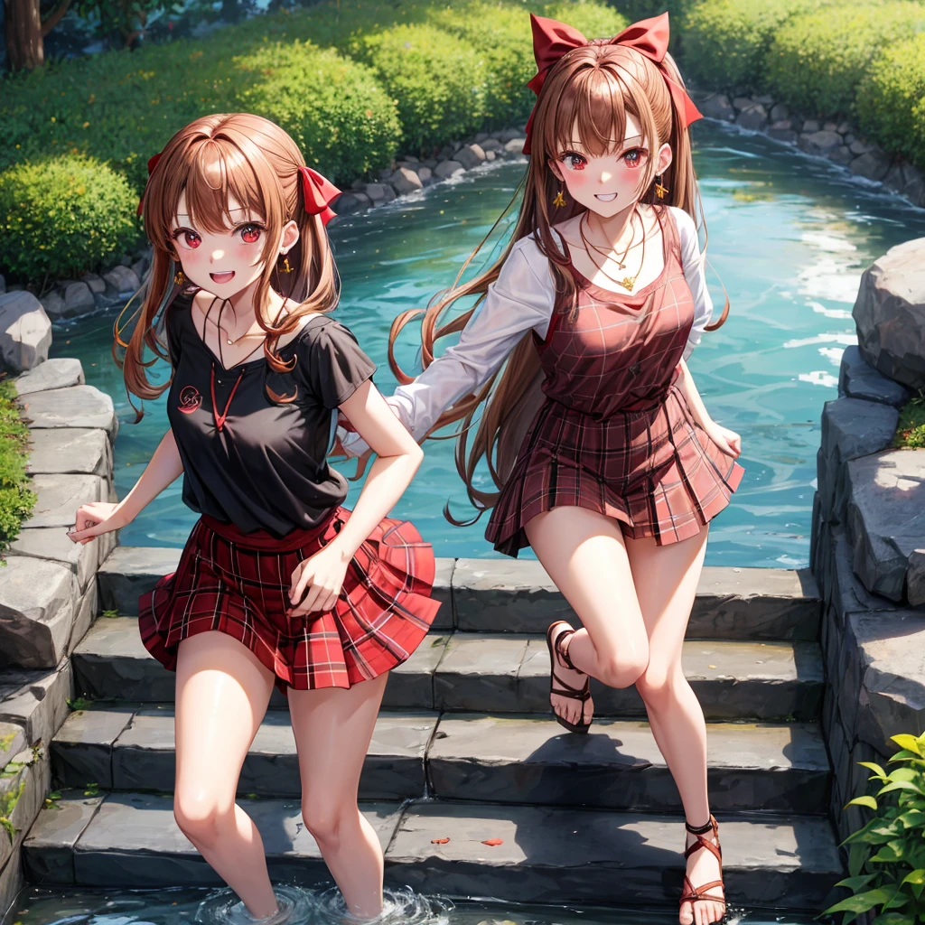 reddish-brown golden hair、red eyes、one good looking girl、solo、anime、plaid mini skirt、black camisole、black t-shirt、hoodie、wearing a ribbon、ribbon at waist、crystal earrings、Gemstone Necklace、Light and shadow、Tilting face、teeth are visible、pillar、evil looking face、Kuroko、Diamond dust、grassland、Water running down the stairs、overflowing、Ants are walking