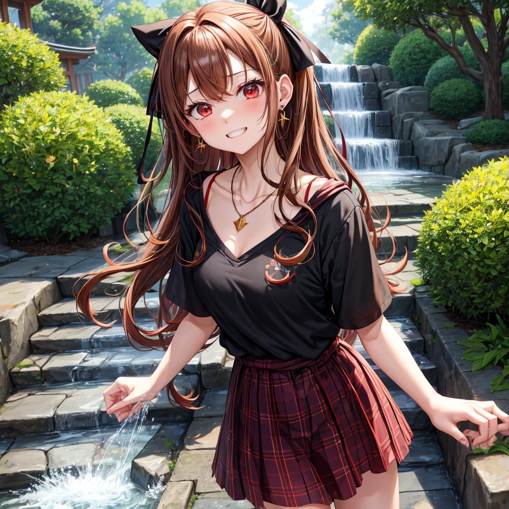 reddish-brown golden hair、red eyes、one good looking girl、solo、anime、plaid mini skirt、black camisole、black t-shirt、hoodie、wearing a ribbon、ribbon at waist、crystal earrings、Gemstone Necklace、Light and shadow、Tilting face、teeth are visible、pillar、evil looking face、Kuroko、Diamond dust、grassland、Water running down the stairs、overflowing、Ants are walking