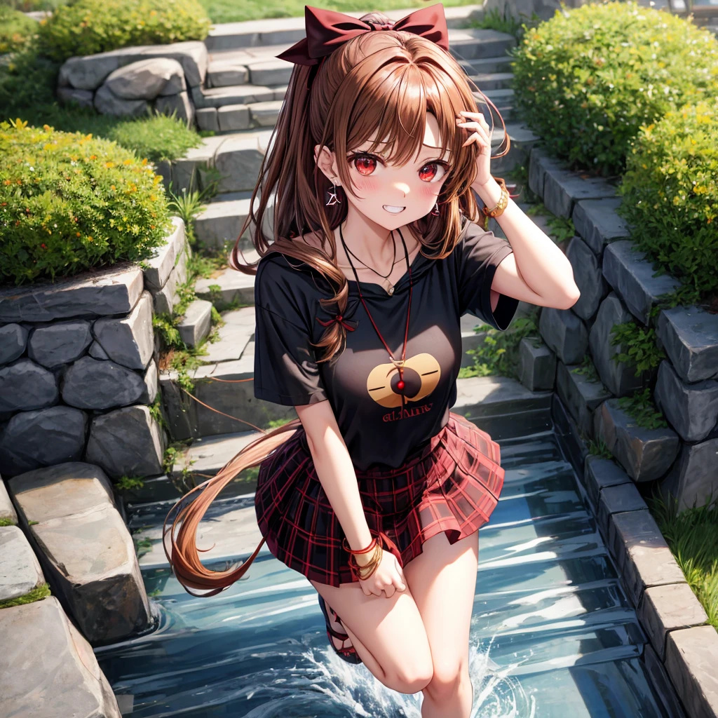 reddish-brown golden hair、red eyes、one good looking girl、solo、anime、plaid mini skirt、black camisole、black t-shirt、hoodie、wearing a ribbon、ribbon at waist、crystal earrings、Gemstone Necklace、Light and shadow、Tilting face、teeth are visible、pillar、evil looking face、Kuroko、Diamond dust、grassland、Water running down the stairs、overflowing、Ants are walking