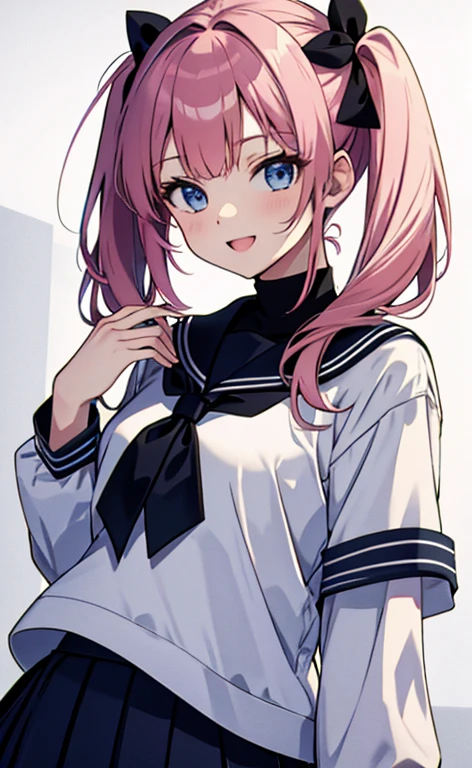 (masterpiece、top-quality、8k size wallpaper、offcial art)、(face focus:1.3,portrait,upper body:1.3)、(1girl),Open mouth happy grin,cute face,blue eyes、twintails、
,(stand),
,(sexy body),(sailor uniform,skirt),(long fluorescence pink hair1.3), (small breasts)、
、fluorescence、classroom,JK、