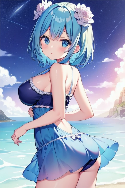 (masterpiece)、(highest quality)、((Super detailed))、(super delicate)、Sexy and cute swimsuit idol、pastel colored hair、beautiful breasts、beautiful butt、nice、fantastic starry sky、beautiful sea、It gets wet and see-through