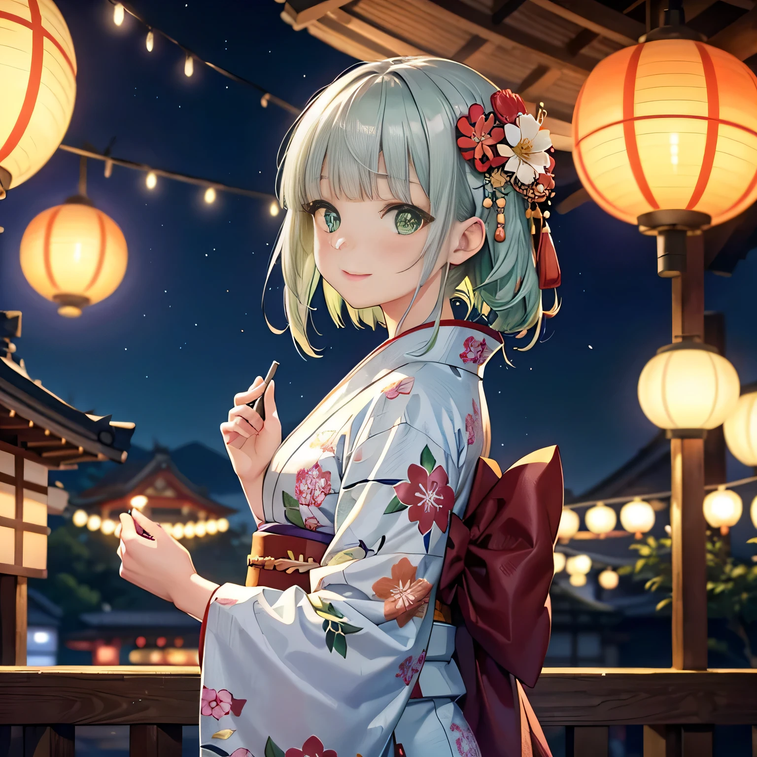(Japanese beautiful flower printed kimono,yukata),((1girl,cute,young,semi long beautiful silver green hair,blunt bangs,twin tales,beautiful green eyes)),(solo),((masterpiece, highest resolution,best quality)), (beautiful illustration),(Japanese beautiful flower printed kimono,yukata),
(looking at the viewer), innocent smile,cinematic lighting,Japanese Festival,stall,fireworks,night sky,full moon,shooting star,