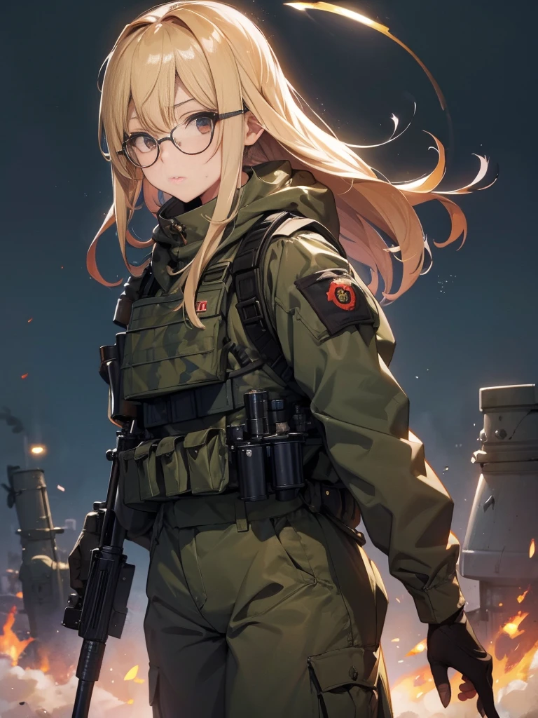20 year old female、shiny hair quality、Beautiful Blonde Hair、straight hair、long hair、Glasses、Glasses美人、military、battlefieldを駆け抜ける、Sniper with anti-tank rifle、Forefront、battlefield、uniform、Camouflage、fierce battle、Beautiful superior、battlefieldの女神、painful face、sweaty、perfect skeleton