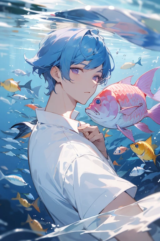 Blue hair, short male hair, double bangs, Beautiful Hair, white skin, light purple eyes, handsome face, no beard, beautiful white shirt, 2 fish, water, twinkle