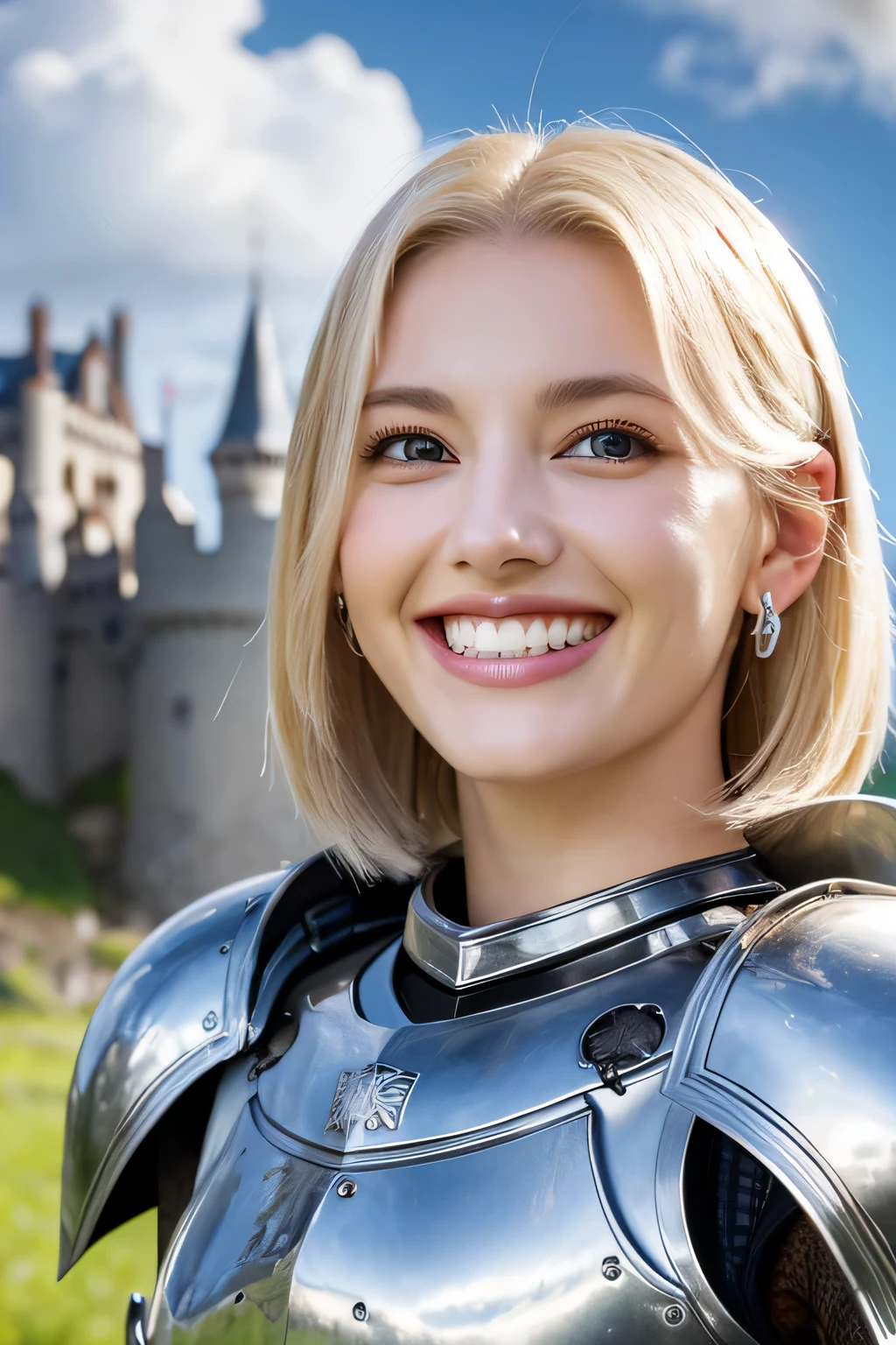8k、highest quality、female knight、The background is a castle、Luxurious Silver Armor、hairstyle short cut、smile、beautiful teeth、full body photo、ear piercing、white woman、blonde、blue eyes、Gummy Smile、The background is a cloudy sky、mouth half open