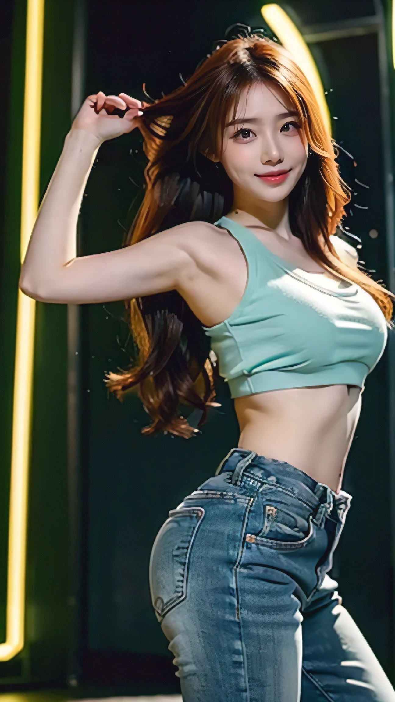 High resolution, masterpiece, highest quality, Ultra Definition 8K Wallpapers, very clear, Majestic panoramic view:1.3, (detailed beautiful face):1.2, A confident and calm smile,(red)hair, wavy hair, blue tank top, denim pants, 1 girl, alone, In the mesmerizing darkness of a club, yellow and green neon lights are brightly flashing, Standing with an arched back to emphasize the chest, exuding confidence while looking directly at the camera