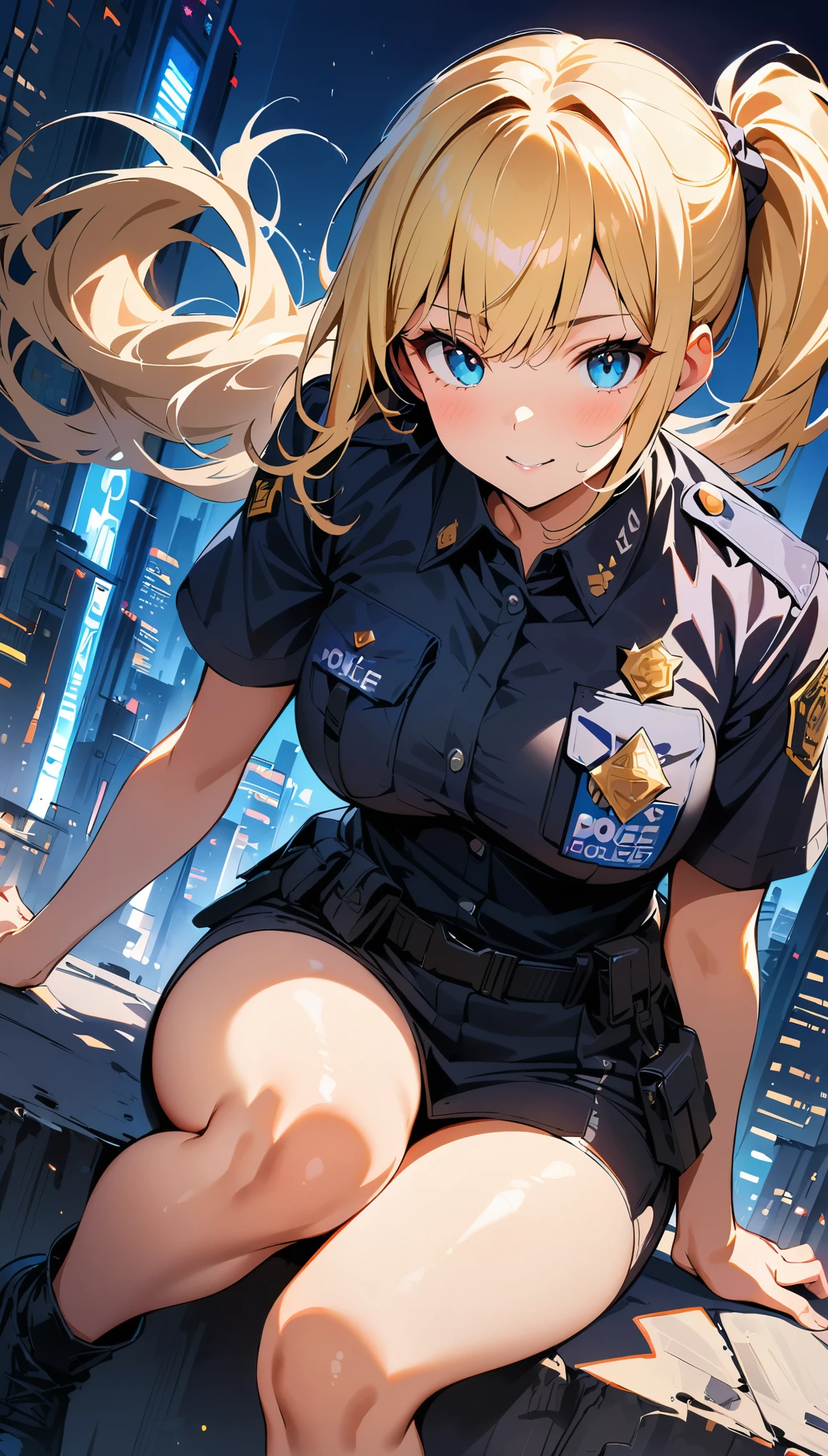 (high quality, 8k, 4k, high contrast, masterpiece:1.2, best quality, best aesthetics), (dynamic angle), Sexy female police officer, Detailed face and body, Beautiful breasts, confident look, (blonde, side ponytail), Shiny black uniform, Tactical belt with equipment, Glossy Badges and Name Tags, Composition from below, on the stairs, dynamic pose, sitting, dutch angle, Background of the cityscape, Police car lights flashing,