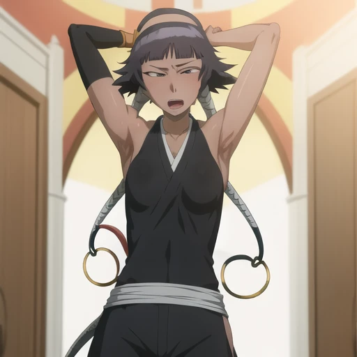 ( Animation screenshots:1.1),outdoor,
1 girl, alone, black hair, side breasts,eternal, short hair with long locks, japanese clothing, - Hip vents, no underwear,short hair, small breasts, (white eyes:1.1),No eyeballs, Also available in black, No headwear,low double braids,Face the audience, looking at the audience, tired, from below, (Show armpits:1.1), ((Armpit:1.2)), Sexy, Sweat dripping, More and more sweat,(ahegao), (Roll your eyes), naughty face, blush, open mouth, Sticking out tongue, saliva, sloppy person,Runny nose,skinny, raise arms, (arms above head:1.5)