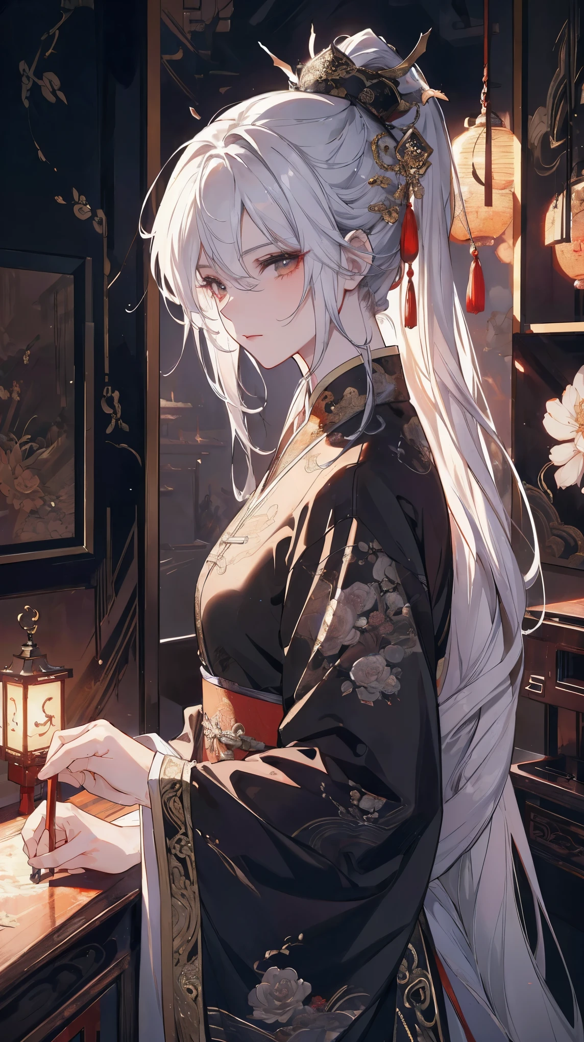 (extremely detailed 8K wallpaper),(ultra-detailed),(best quality),(masterpiece),(highly detailed),(cinematic lighting),(Original),Cold ligh，moody,(Chinese elaborate-style painting ),ink style，white hair