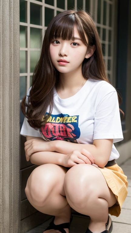 (highest quality, 8K, masterpiece ),12 year old junior high school student,big breasts、 super detailed face, bangs、T-shirt、double eyelid, (mini skirt:1.2)、knee、thighs、strong natural light、Sitting squatting:1.5、