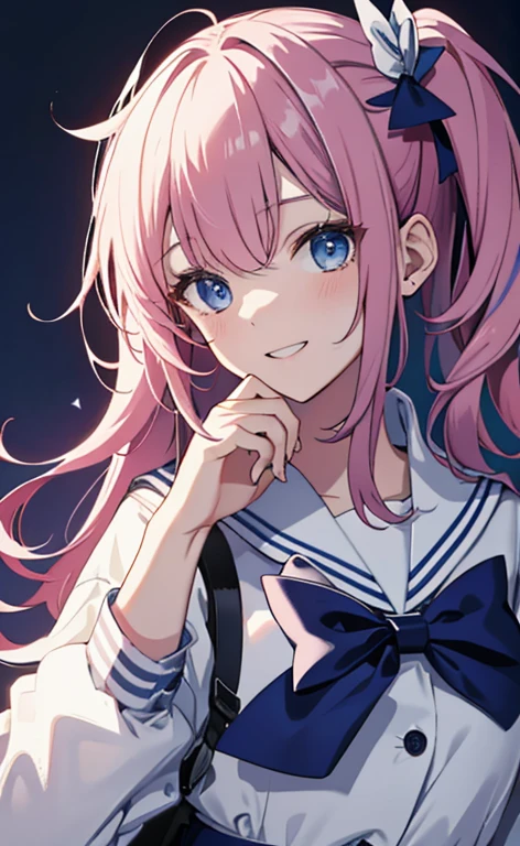 (masterpiece、top-quality、8k size wallpaper、offcial art)、(face focus:1.3,portrait,upper body:1.6)、(1girl),Open mouth happy grin,cute face,blue eyes、twintails、
,(stand),
,(sexy body),(sailor uniform,skirt),(long fluorescence pink hair1.3), (small breasts)、
、fluorescence、classroom,JK、