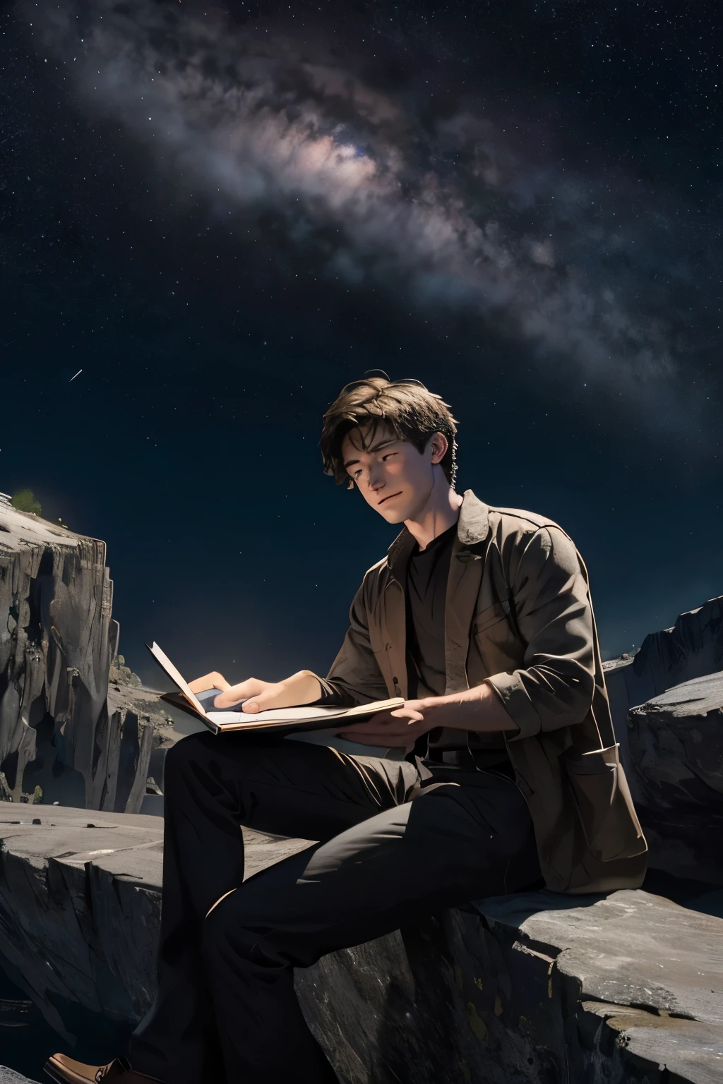 Dessine une loutre , assis sur une plateforme de recherche flottant au milieu d'une ceinture d'Asteroids. He is studying with a notebook, entouré de plusieurs Asteroids brillant d'auras de feu. Spectacular lighting from'étoiles et de planètes lointaines illumine la scène, projetant des ombres profondes sur le costume. Le jeune homme a l'confident and determined air, regarder l'Vast and mysterious universe with wonder and respect,Poils, tir de cow-boy,