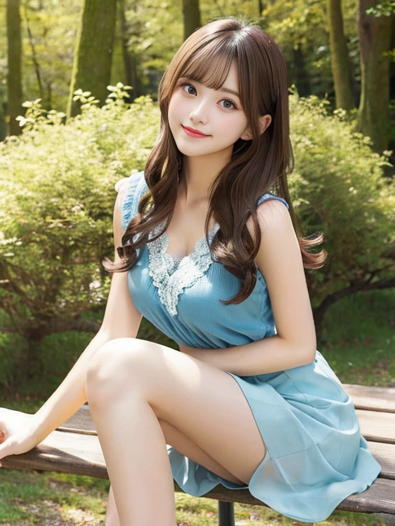 masterpiece、highest quality、High resolution、brook in the forest、wallpaper、realistic、bright lighting、professional lighting、face light、smooth lighting、20Japan Female、adult、beautiful japanese woman、gravure、sexy、super beautiful、beautiful skin、beautiful and detailed eyes、kind face、medium long hair、hair fluttering in the wind、brunette colored hair、look at the camera、slightly bigger breasts、Sheer pastel blue lace slip、Beautiful legs extending from a slip、standing pose、Shows below the knee、Camera lens 200mm aperture F2.Shot at 8、smile