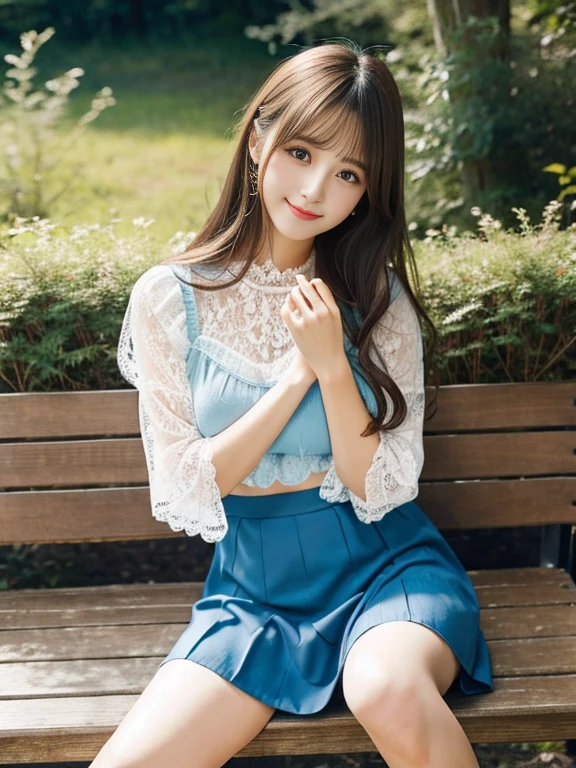 one woman、japanese woman、24Old beauty、professional lighting、medium long hair、brunette colored hair、brook in the forest、A sheer slip、Pastel blue lace underwear、mini skirt、High resolution、gentle expression、fascinating eyes、no makeup、Cute smile like an idol、loose lips、catch light、hair fluttering in the wind、rather large breasts、Beautiful legs extending from the skirt、legs crossed、Show from skirt to knee、Use a reflector to bring light to your face、sitting on the bench、look at camera