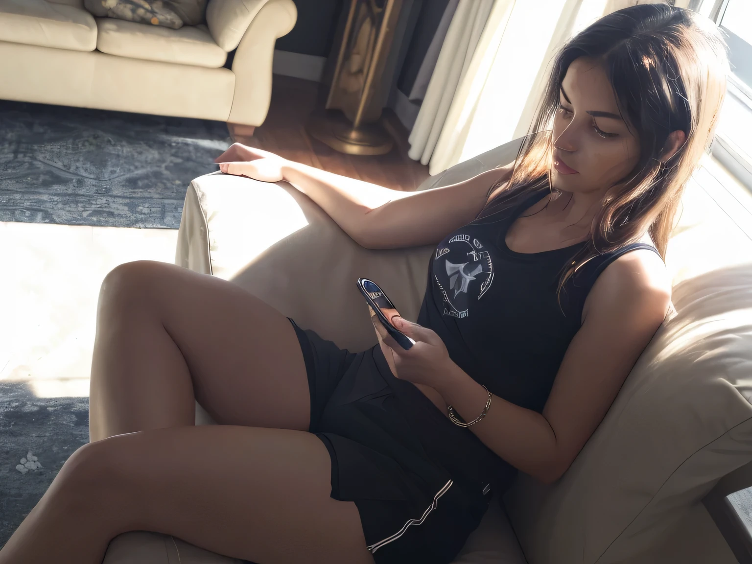 woman sitting on a couch using a cell phone, checking her phone, checking her cell phone, goddess checking her phone, sitting on the couch, mid-morning lighting, her navel is exposed, sitting on a couch, bright sunlight, afternoon light solar, sitting on the sofa, side photo, afternoon sun, sun behind her, looking distracted, wearing black shorts and a regatta t-shirt. High resolution, high quality, full body photo, 8k.