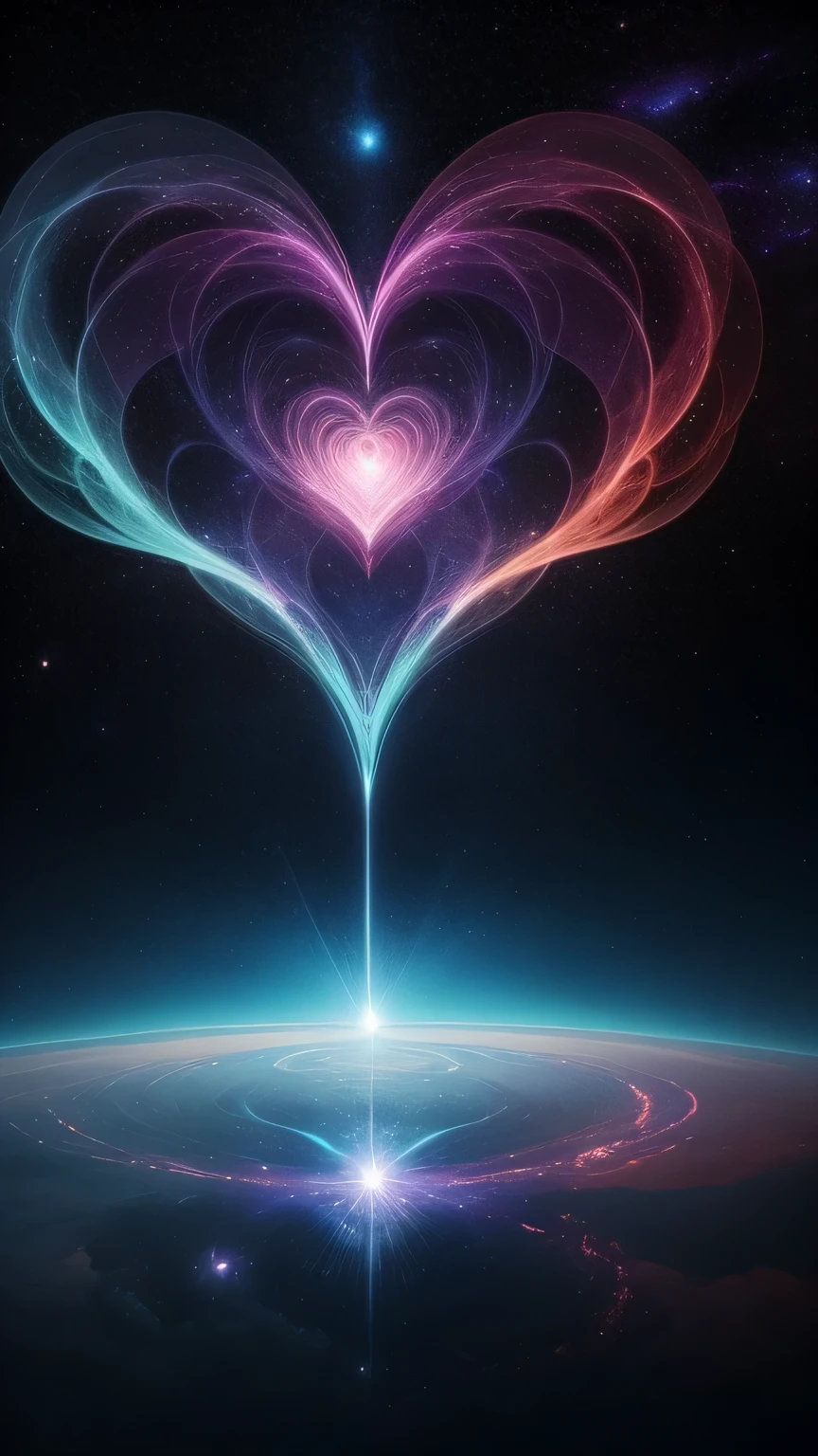 Create an image that represents the fusion of the human heart with the supernatural realm and the vastness of the universe. Imagine an ethereal and mysterious scene. in the center of the image, The human heart shines with soft light, sparkling. My heart seems to be floating in translucent mist, Evoke a sense of mystery and transcendence. from the bottom of my heart, emits a series of projections, Each represents a unique aspect. Some projections take the form of natural elements, Like branches, petals or dancing flames, Evoke a deep connection to the natural realm. Other projections extend into outer space, Turn into bright constellations, Distant galaxies or meteor rays. These cosmic projections symbolize the expansion of human emotions beyond the limits of Earth, Connect the vast universe. Color palette includes sky blue shades, Deep purple and gold, Create a magical and spiritual atmosphere. Soft light from the heart and projection creates a feeling of peace and awe. The resulting images capture the thoughts of the human mind that transcends the boundaries of the planet, Explore the realm of the supernatural and the universe. The fusion of human and divine creates a visual narrative,Evoking the exploration of our deepest emotional connections,And expand its essence into the vast universe