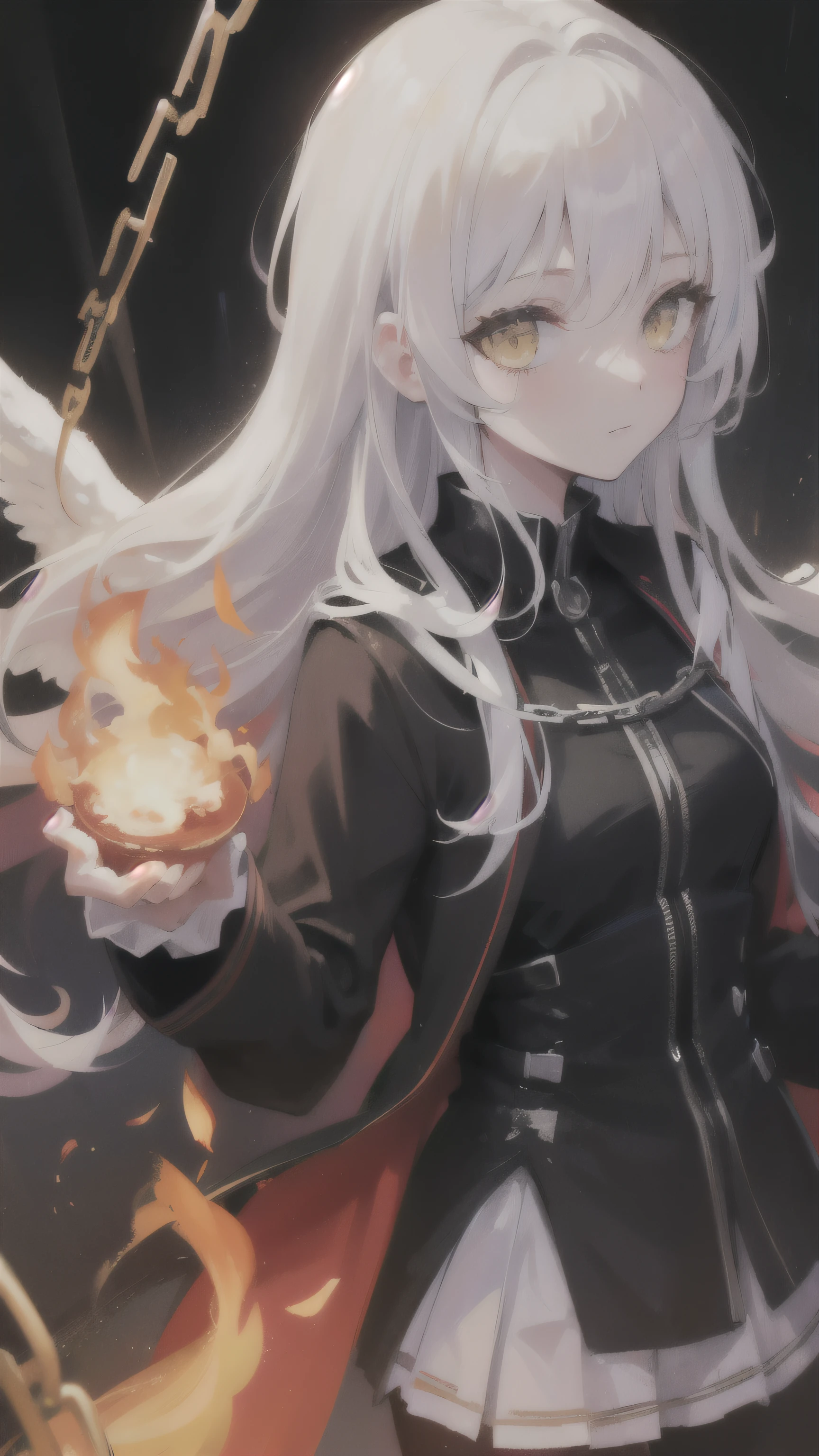 masterpiece, best quality, ultra-detailed, illustration, close-up, straight on, 1girl, white hair, yellow eyes, angel, chains,masterpiece,fancy background,fire,rainstorm