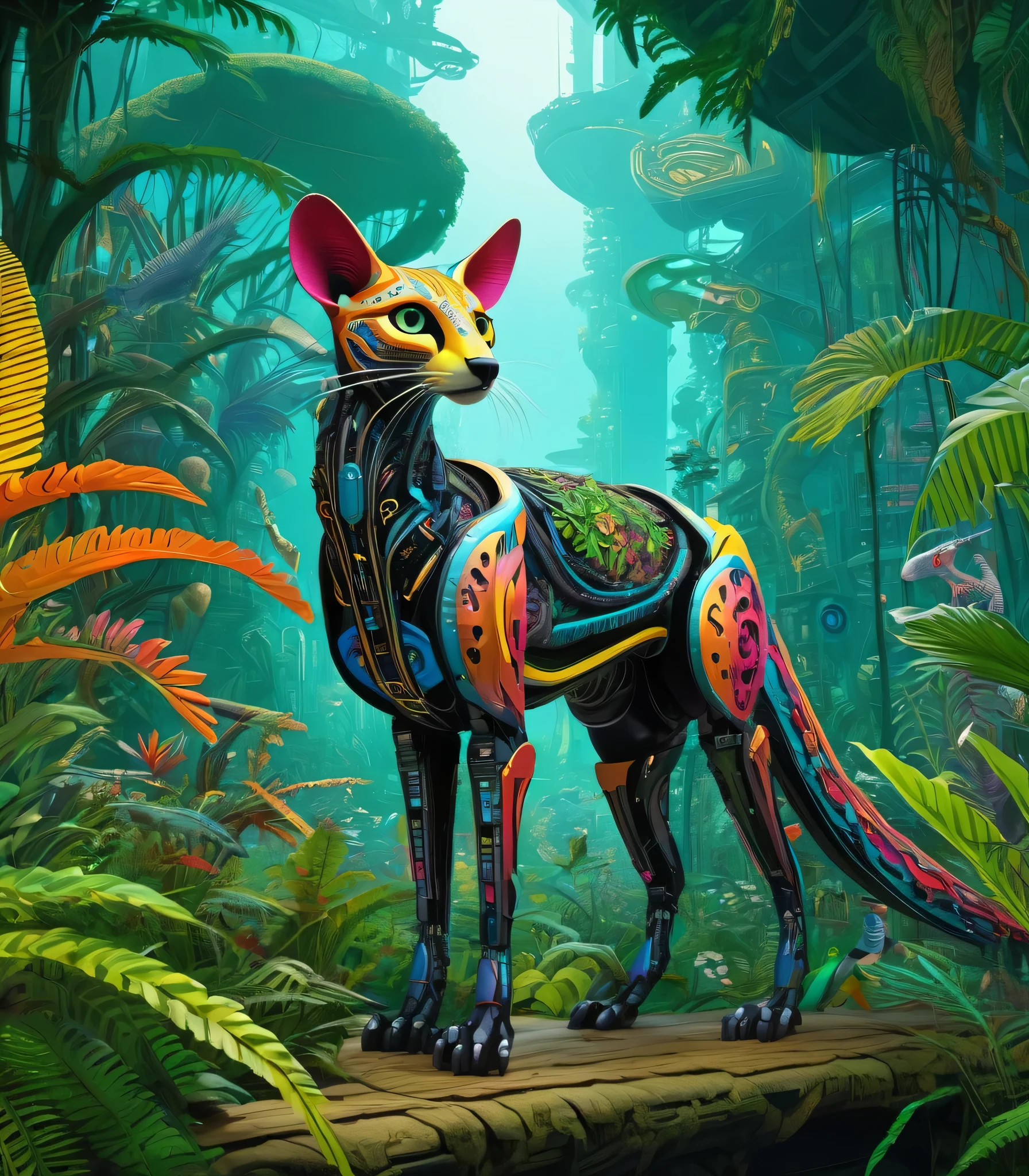 Future genetic engineering will incorporate living organisms into its work of art, Covered by fauna, flora. Alebrije, Masterpiece, hyper HD, Axonometric view, jungles. Cyberpunk