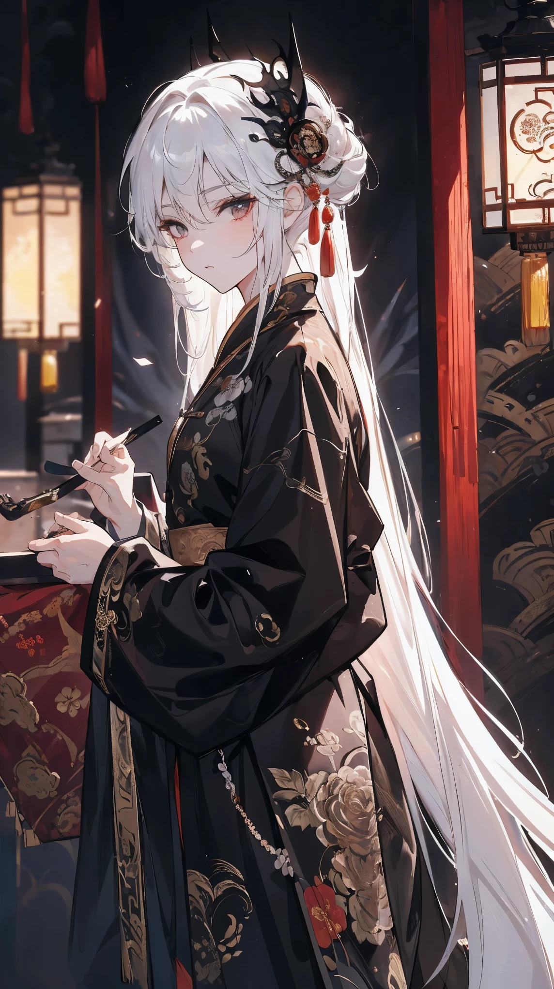 (extremely detailed 8K wallpaper),(ultra-detailed),(best quality),(masterpiece),(highly detailed),(cinematic lighting),(Original),Cold ligh,moody,(Chinese elaborate-style painting ),ink style,white hair