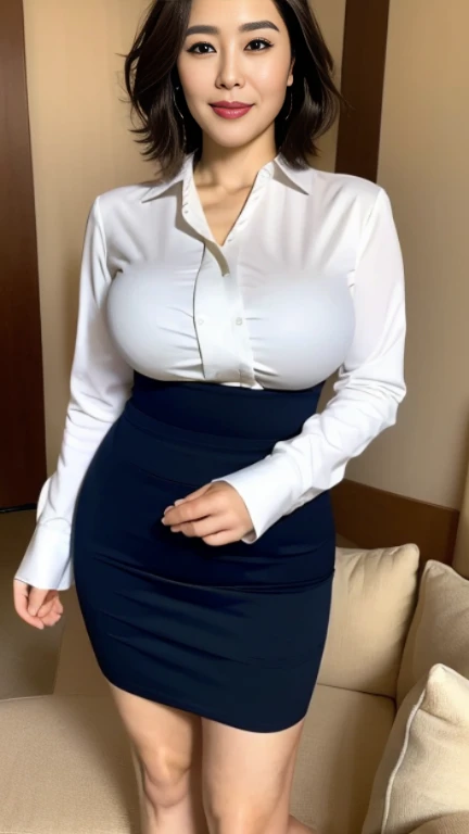 最high quality, 8K, lively, sharp focus, high quality, High resolution, middle-aged women, mature woman, 49 years old,((Full body shot 0.85)) (Full body Esbian), (Detailed face wearing high heels, highly detailed eyes, thick lips, plump body shape、plump face、((big breasts 2.3))、good posture、((On a white blouse))、((navy blue tight skirt))、love hotel room、random hairstyle、gentle smile、