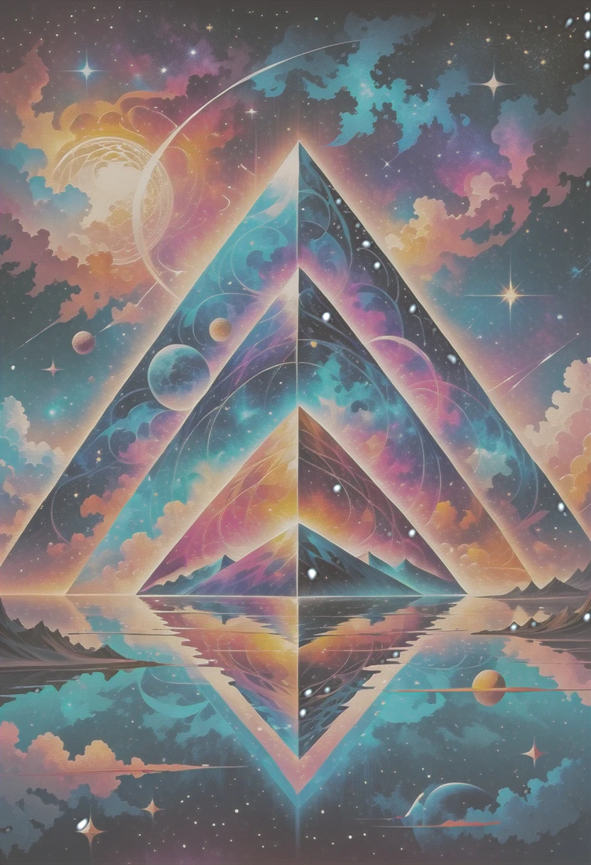 Huge triangle,Magnificent cosmic starry sky background,Intricate illustration in surreal art style,surreal dream,Dubrec style,Transparent geometric shape close-up,(multiple exposure:1.8),