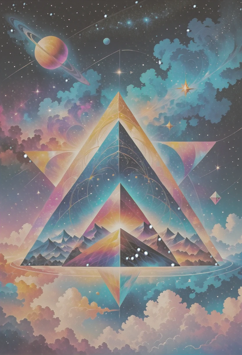 Huge triangle,Magnificent cosmic starry sky background,Intricate illustration in surreal art style,surreal dream,Dubrec style,Transparent geometric shape close-up,(multiple exposure:1.8),