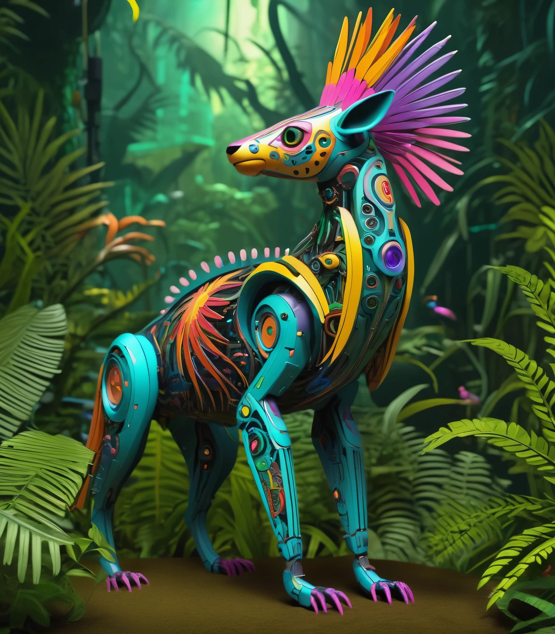Future genetic engineering will incorporate living organisms into its work of art, Covered by fauna, flora. Alebrije, Masterpiece, hyper HD, Axonometric view, jungles. Cyberpunk