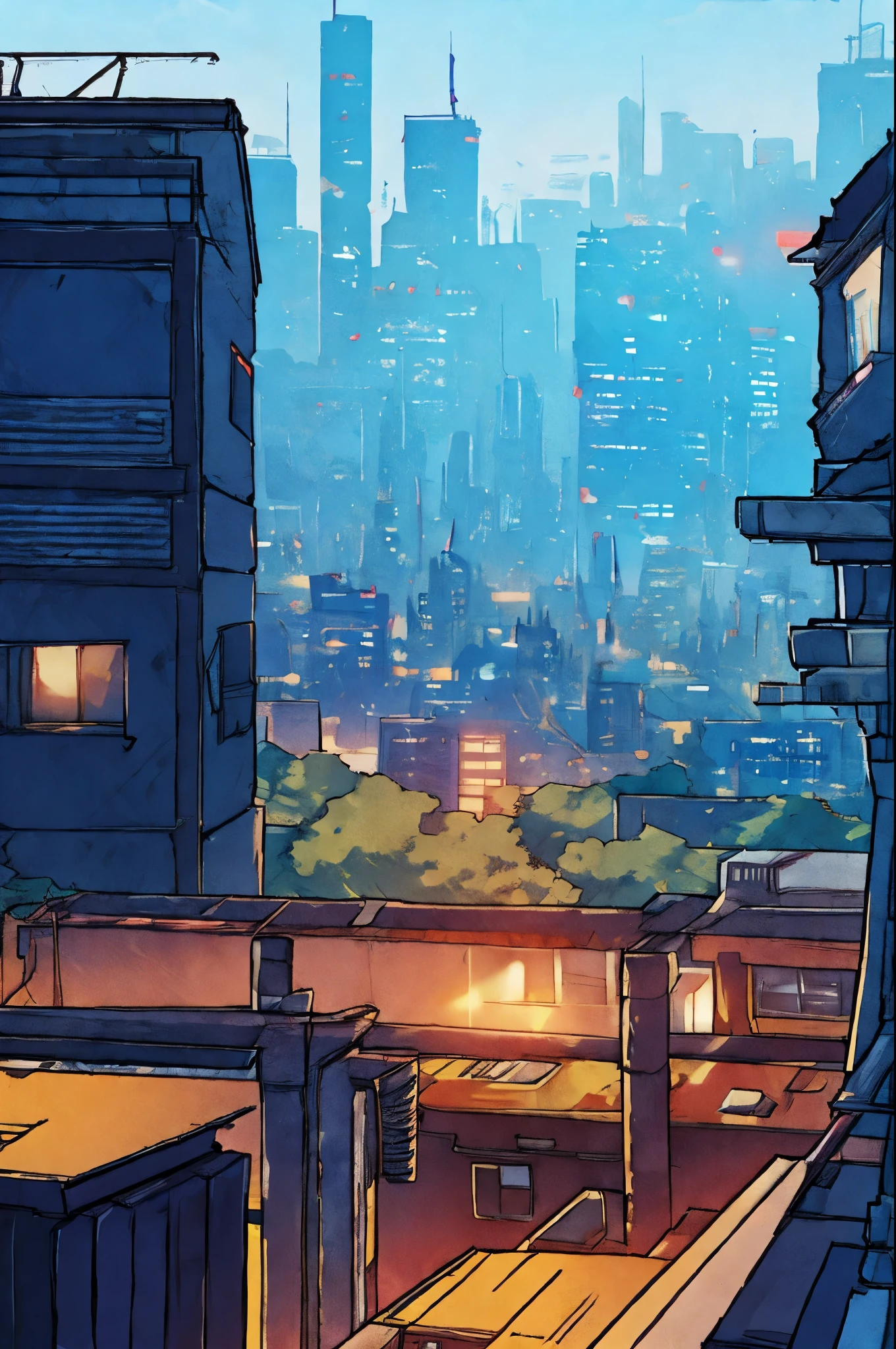 City skyline in webtoon style, view from rooftops