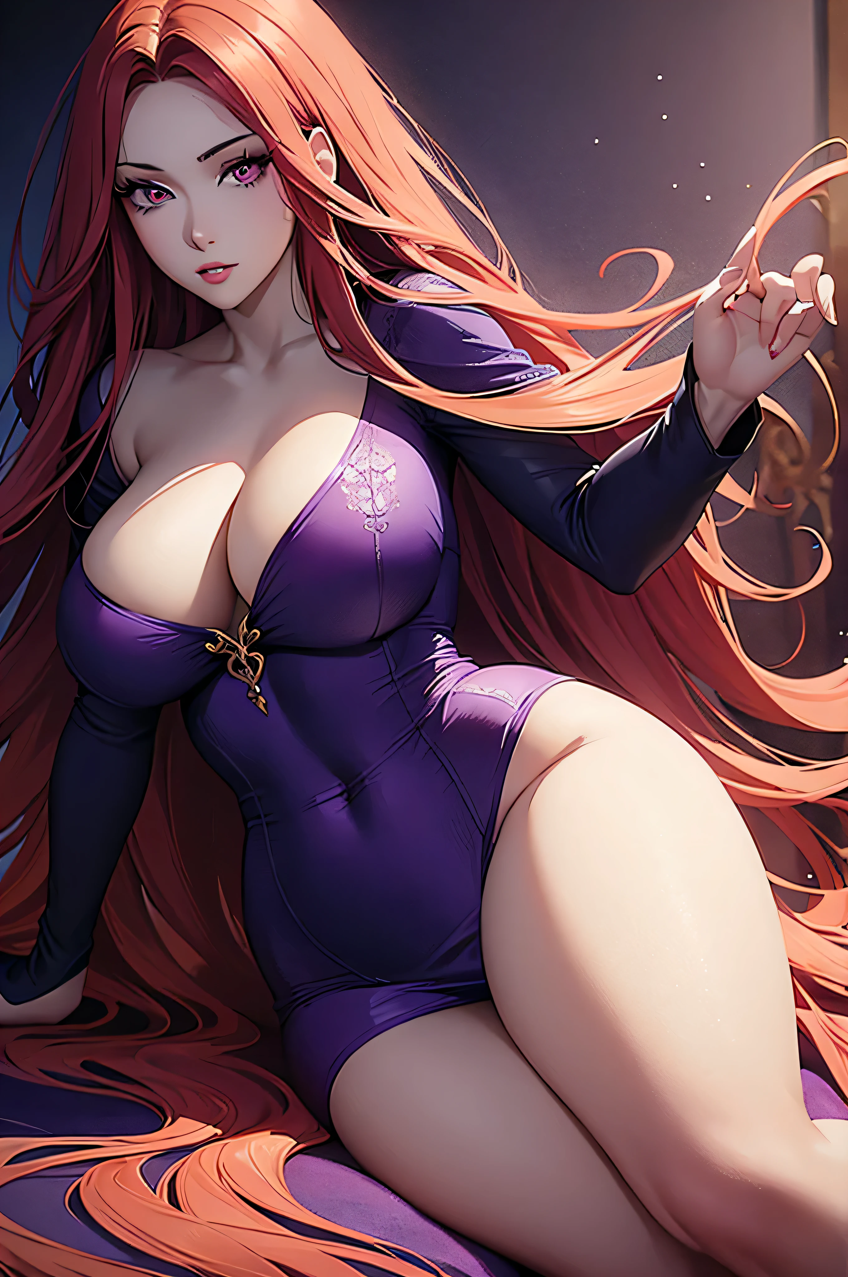 gorgeous woman, voluptuous figure, beauty mark under left eye, straight long red hair, full body portrait,beautiful detailed purple eyes,beautiful detailed lips,extremely detailed eyes and face,long eyelashes,aloof expression,regal posture,colorful background,soft lighting,vivid colors