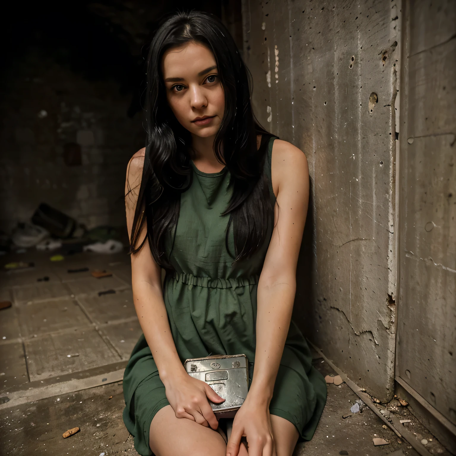 A beautiful white girl with green eyes black straight hair is wearing an old dress she is sitting on the floor holding an old metal box with her back leaning against a wall holding a small old metal box in an abandoned cave she looks alone has a sweet look it's sad