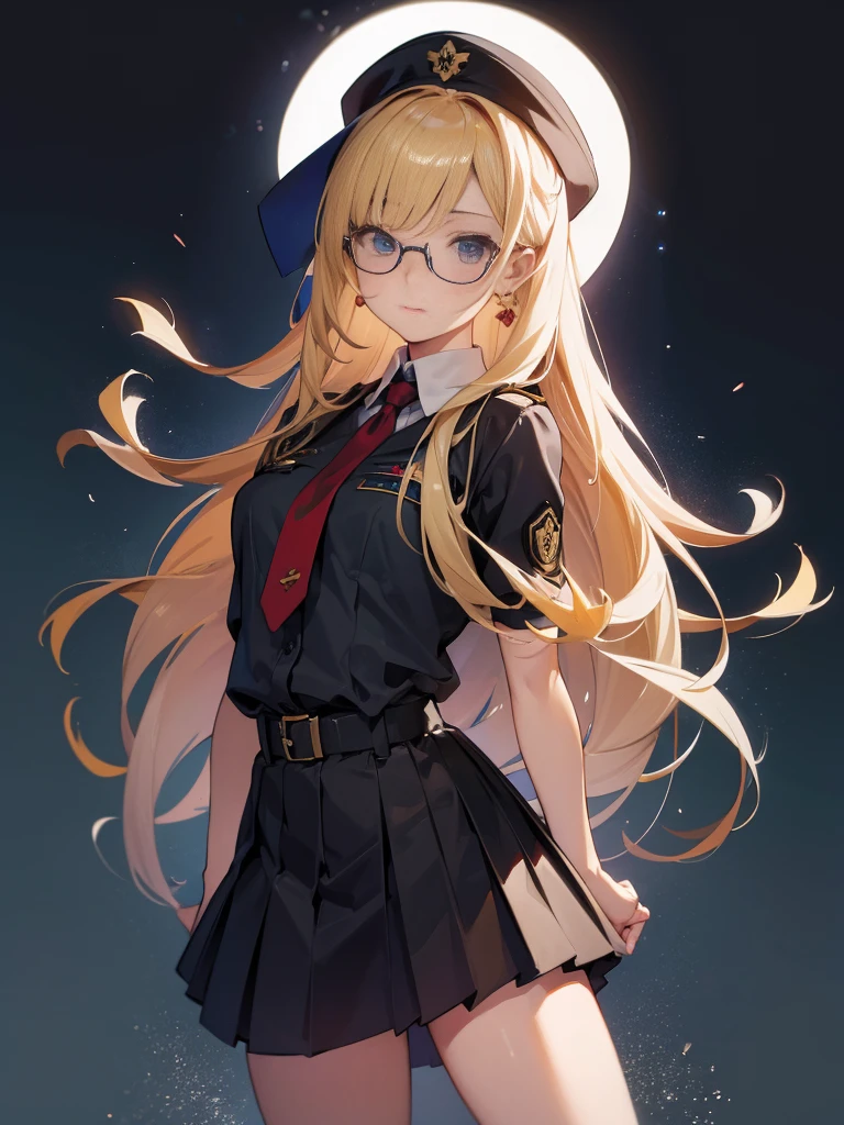 20 year old female、shiny hair quality、Beautiful Blonde Hair、straight hair、super long hair、Glasses、Glasses美人、military、battlefieldの女神、Forefront、battlefield、uniform、skirt、high heels、Beautiful superior、painful face、sweaty、perfect skeleton