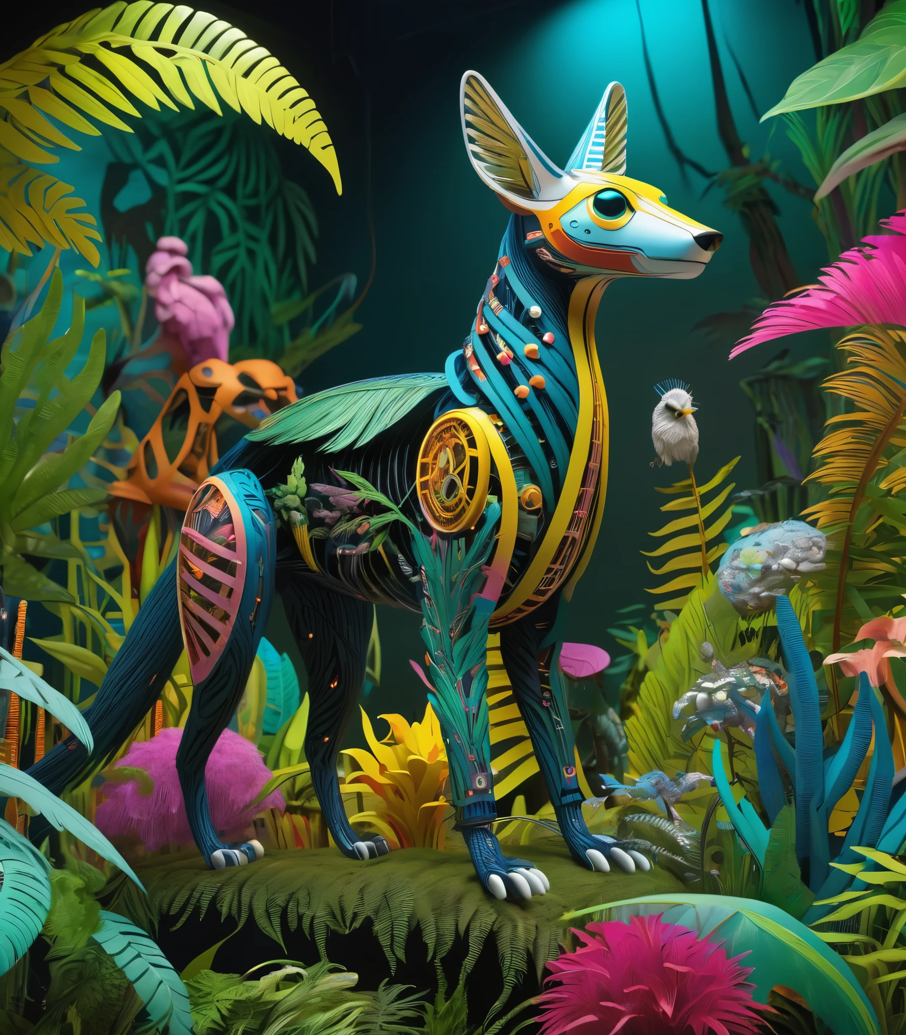 Future genetic engineering will incorporate living organisms into its work of art, Covered by fauna, flora. Alebrije, Masterpiece, hyper HD, Axonometric view, jungles. Cyberpunk