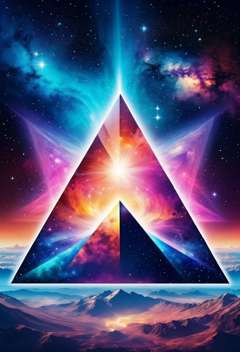 Huge triangle，Magnificent cosmic starry sky background，Intricate illustration in surreal art style，surreal dream，Dubrec style，Transparent geometric shape close-up，（multiple exposure：1.8），