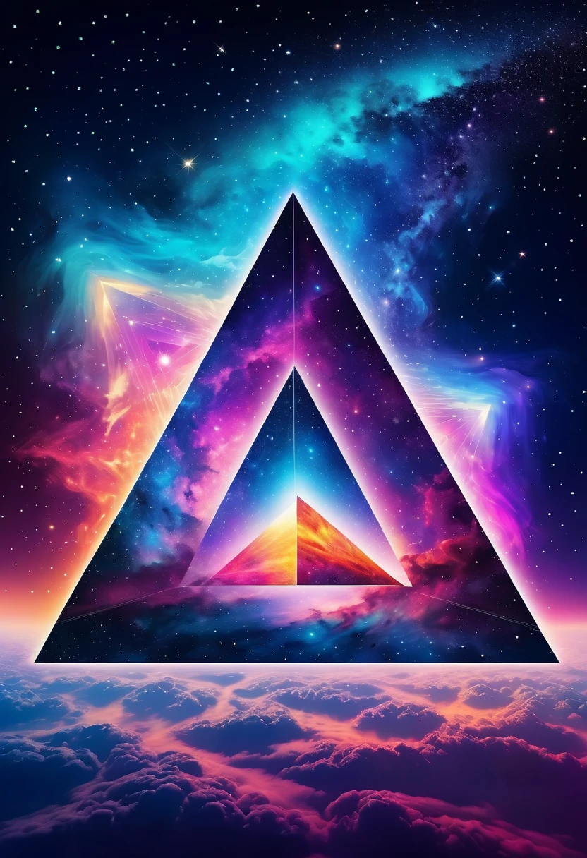 Huge triangle，Magnificent cosmic starry sky background，Intricate illustration in surreal art style，surreal dream，Dubrec style，Transparent geometric shape close-up，（multiple exposure：1.8），