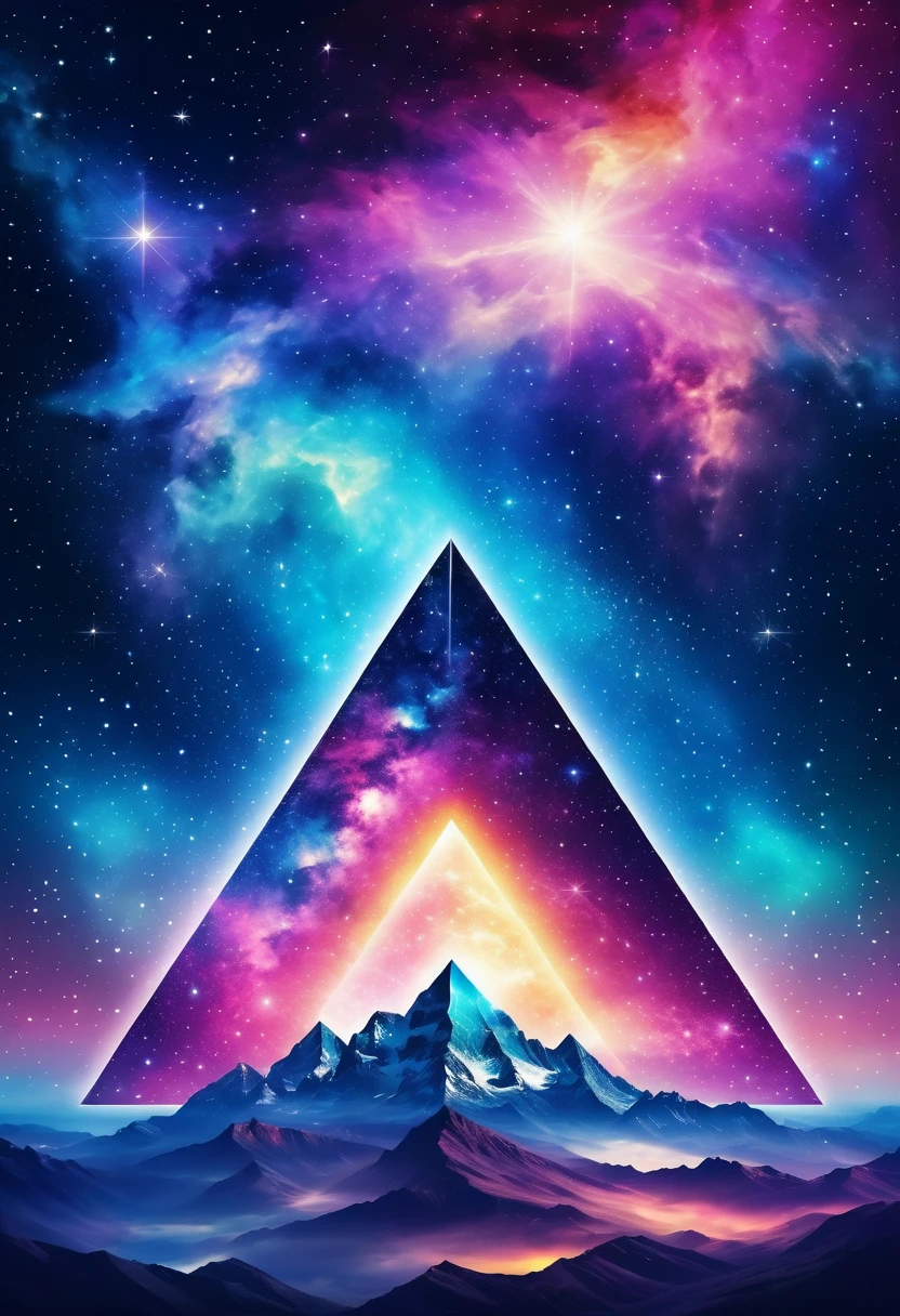 Huge triangle，Magnificent cosmic starry sky background，Intricate illustration in surreal art style，surreal dream，Dubrec style，Transparent geometric shape close-up，（multiple exposure：1.8），